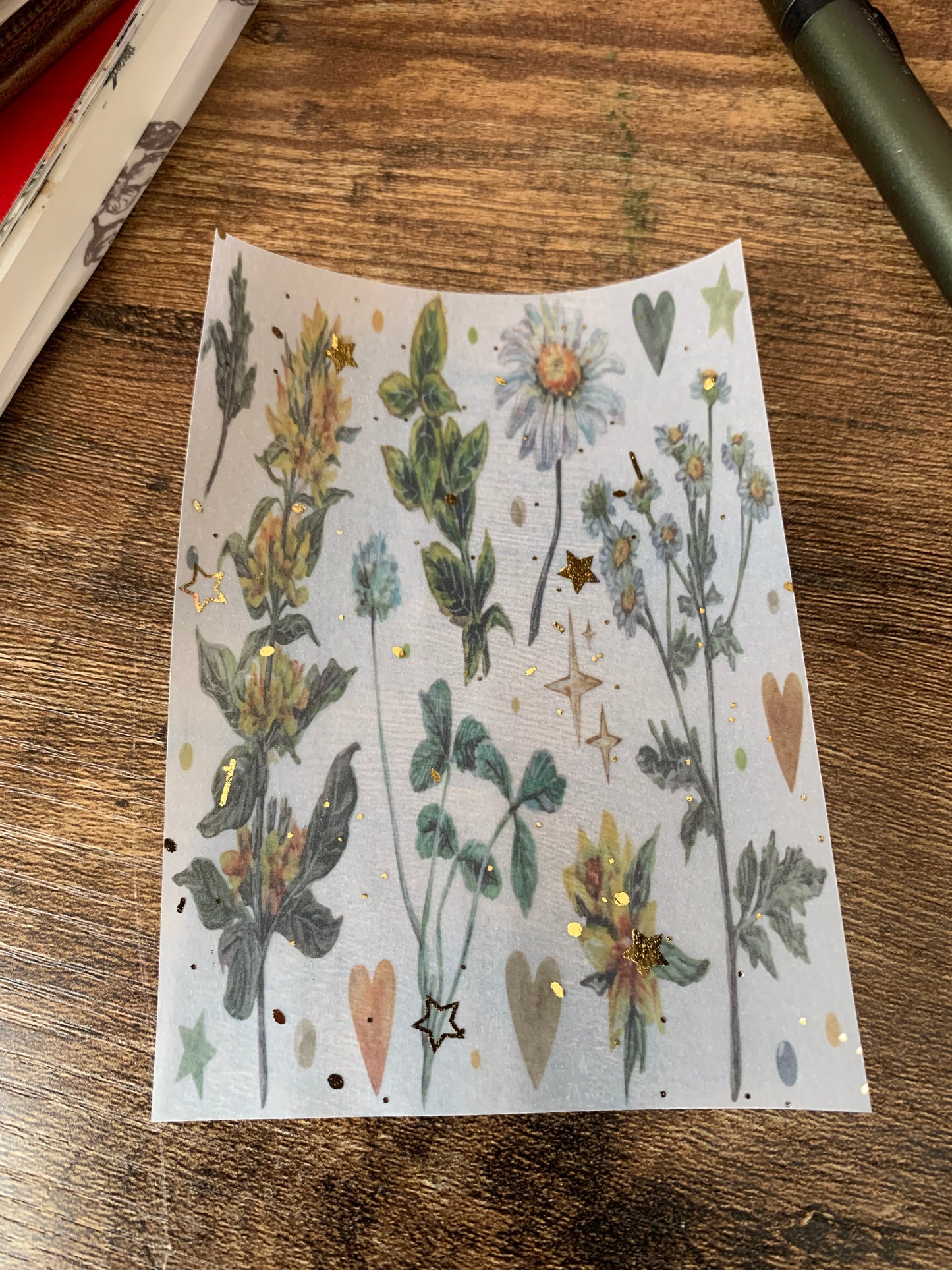 Dark Green Flowers & Hearts Vintage Inspired Watercolour - Vellum Planner Dashboard - Gold Foil Star accents - Nostalgia