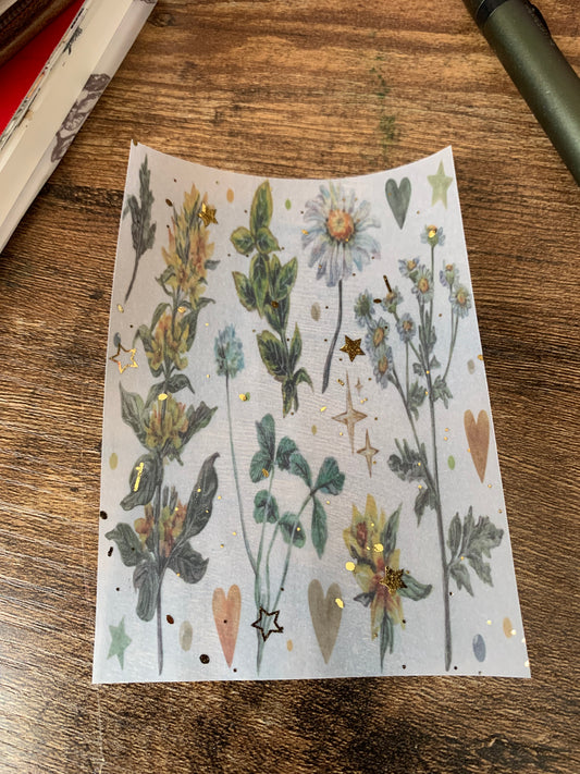 Dark Green Flowers & Hearts Vintage Inspired Watercolour  - Vellum Planner Dashboard - Gold Foil Star accents - Nostalgia
