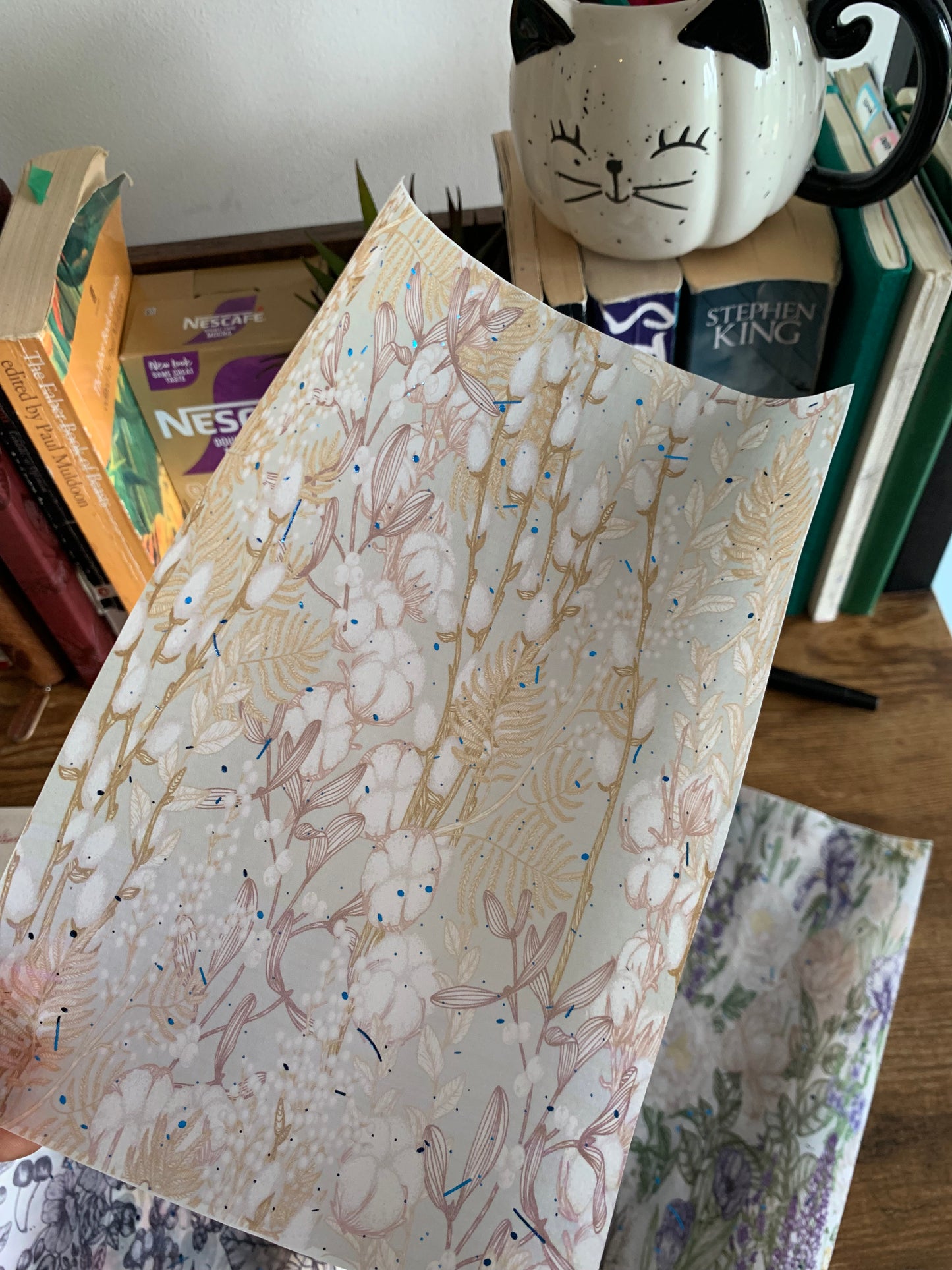 Green Hand Drawn Floral Scrapbooking paper- Vellum Planner Dashboard - blue Foil - Lara