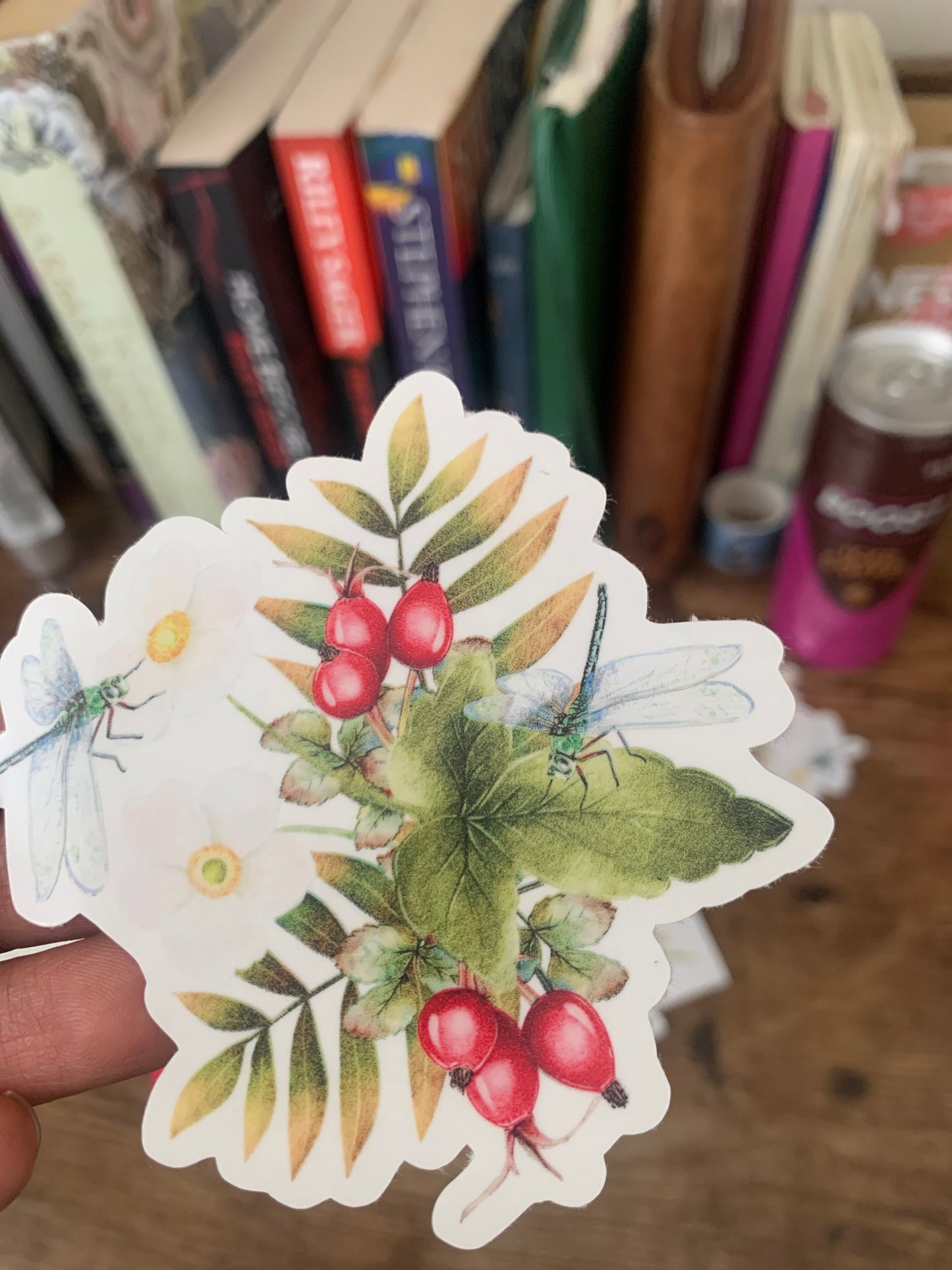 Dragonfly and Berries Bush Hand Drawn Watercolor Sticker Flake - The Forest Calls 🌳