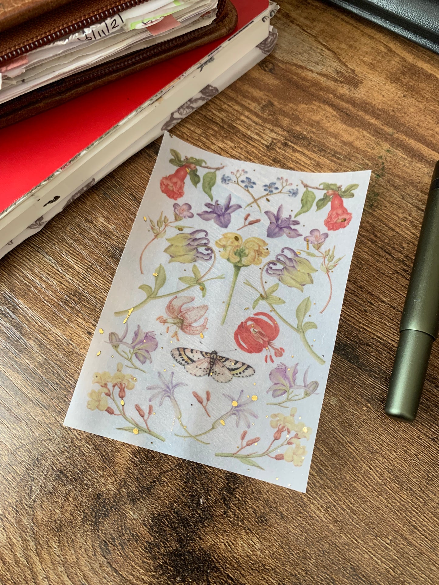 Vintage Florals Purple Flower & Moth Watercolour - Vellum Planner Dashboard - Gold Foil Star accents - The Model