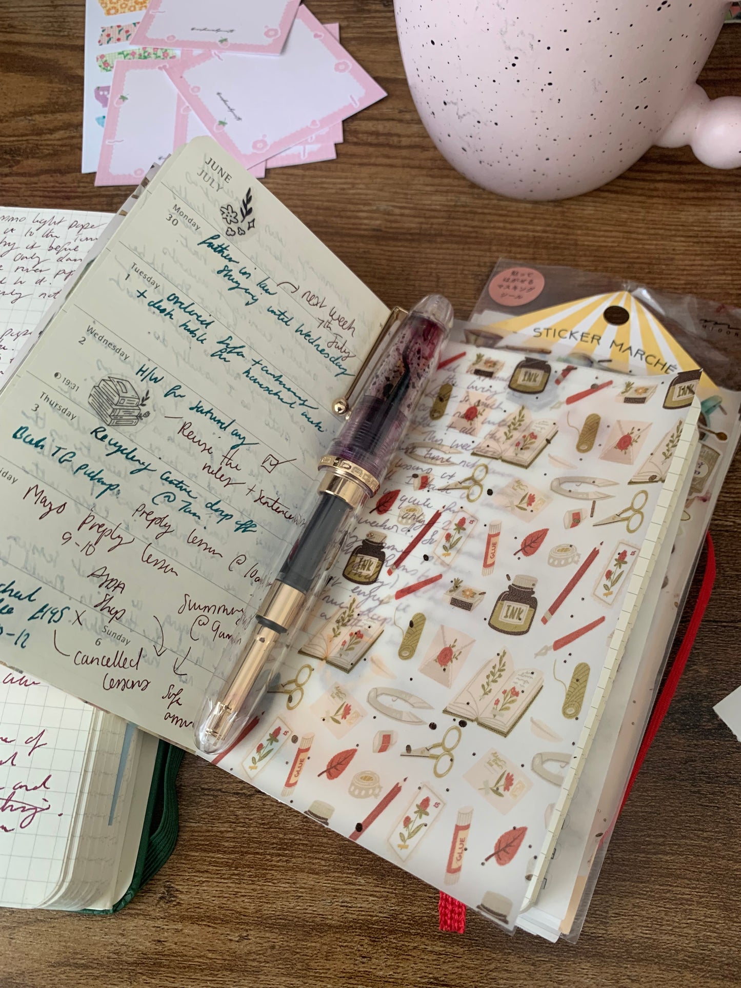 Journal Books and Pens Pattern, Watercolour drawing • Hand drawn • Printed Foiled Vellum Planner Dashboard- Scrapbooking
