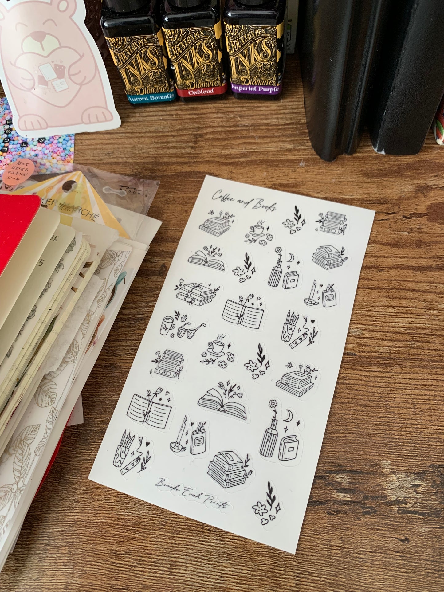 Book Doodle Stickers • Hand drawn Books - Scrapbook Clear Stickers - Coffee and Books 📚