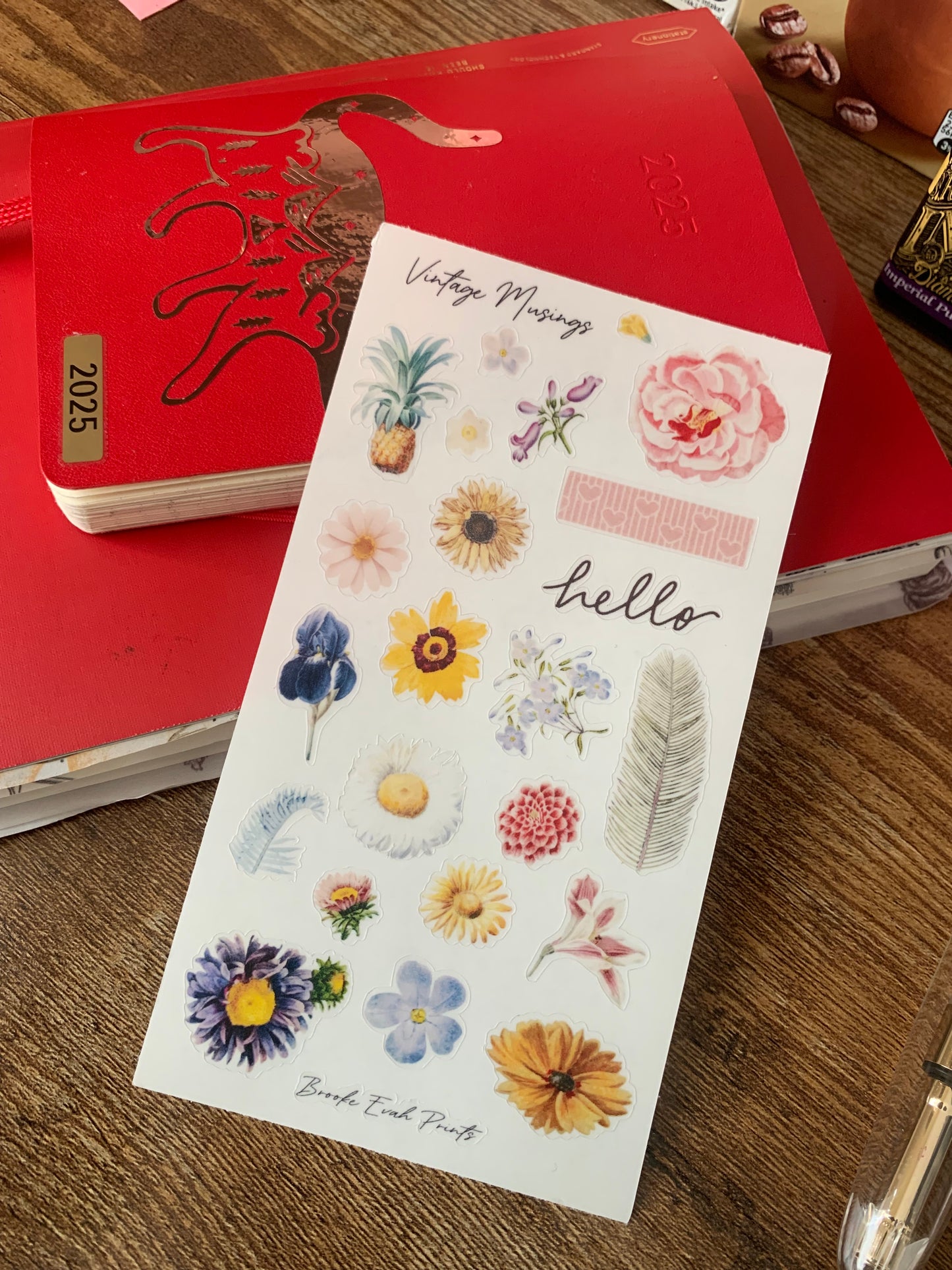 Bullet Journal Clear Floral Stickers - Hand drawn Pineapple & Flowers- Vintage Musings