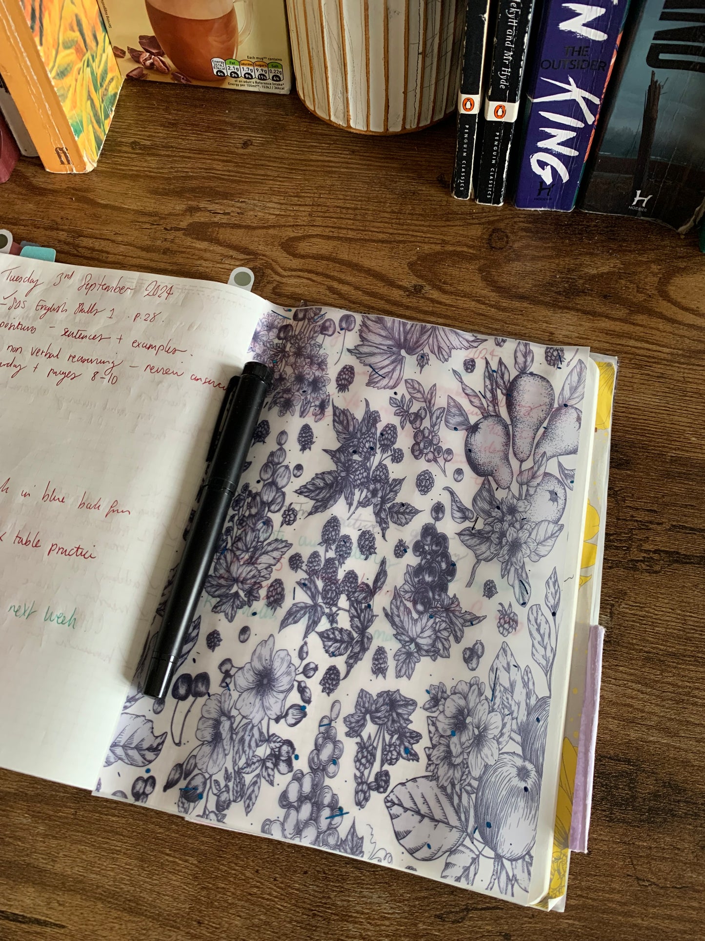 Purple Hand Drawn Floral Scrapbooking paper- Vellum Planner Dashboard - blue Foil - Autumn Garden