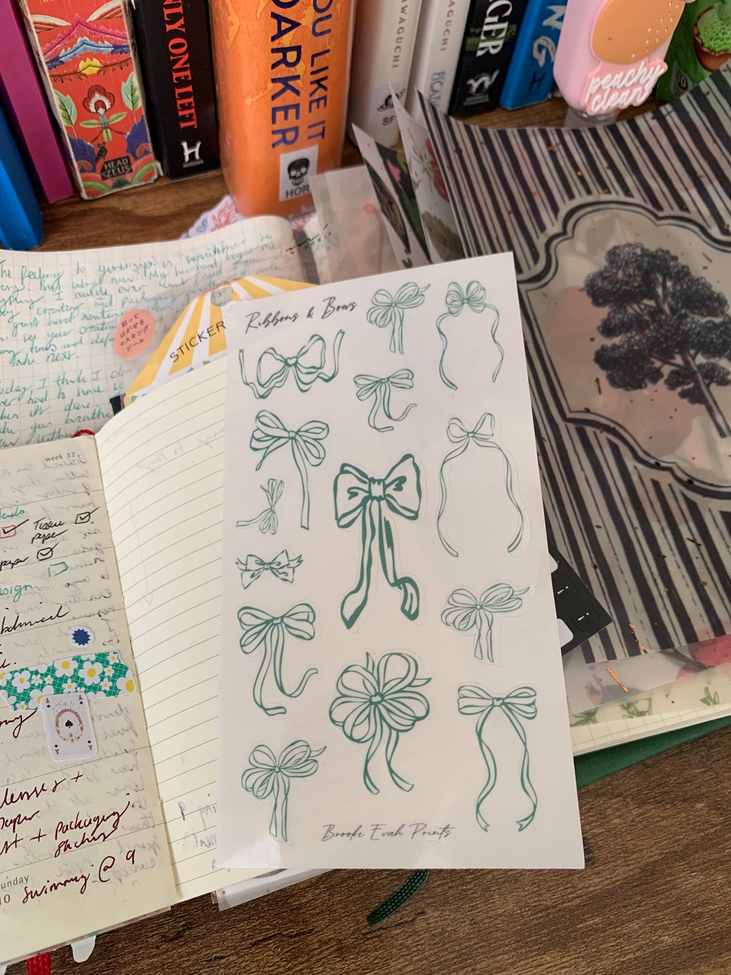 Green Bow Stickers • Hand drawn Bows - Scrapbook Clear Stickers - Ribbons & Bows