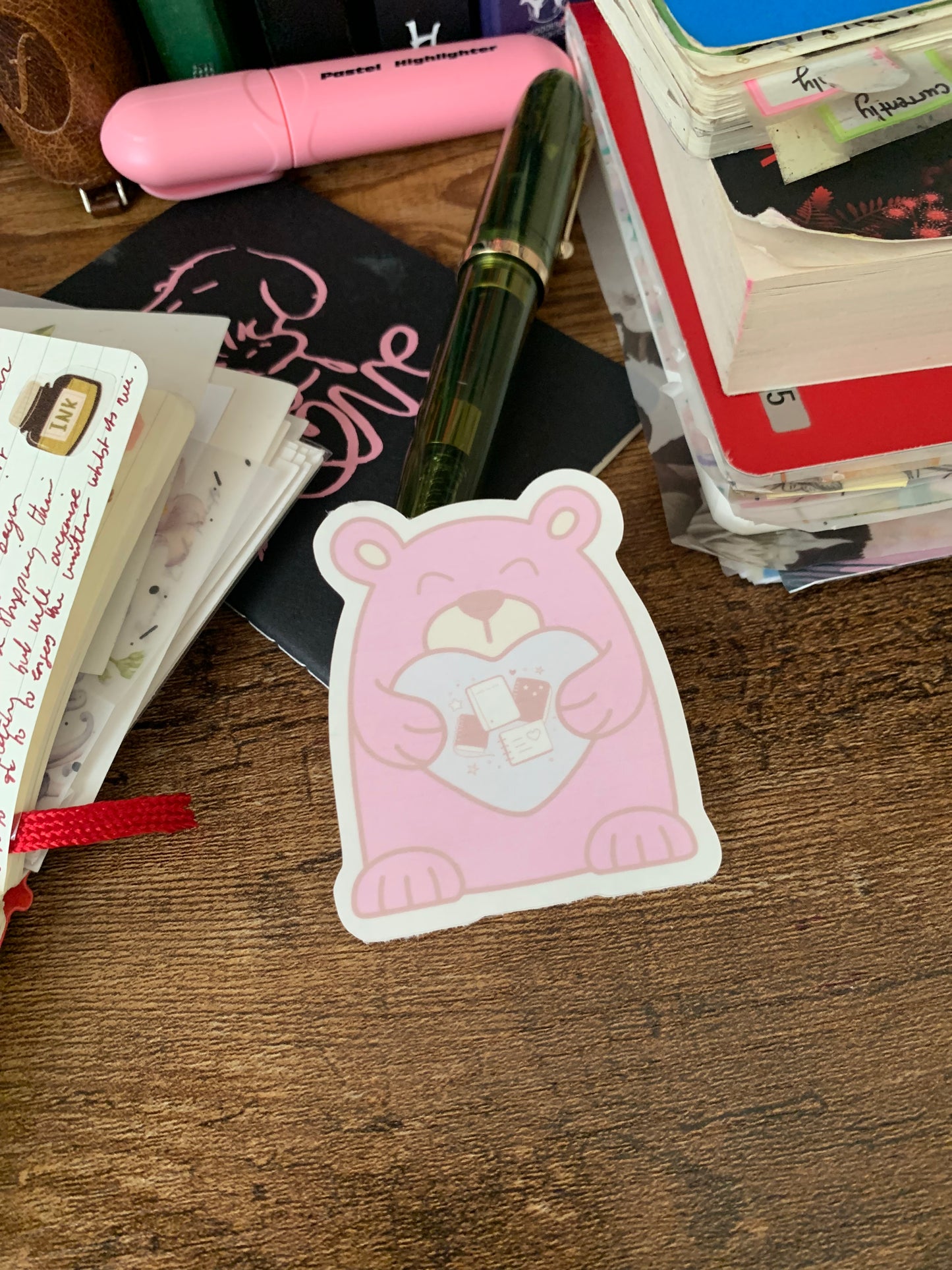 Hand drawn cute Pink Bear with Heart Sticker Flake - Journal Bear - Muffin 🩷