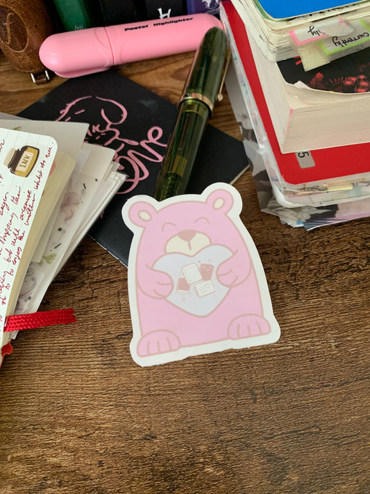Hand drawn cute Pink Bear with Heart Sticker Flake - Journal Bear - Muffin 🩷