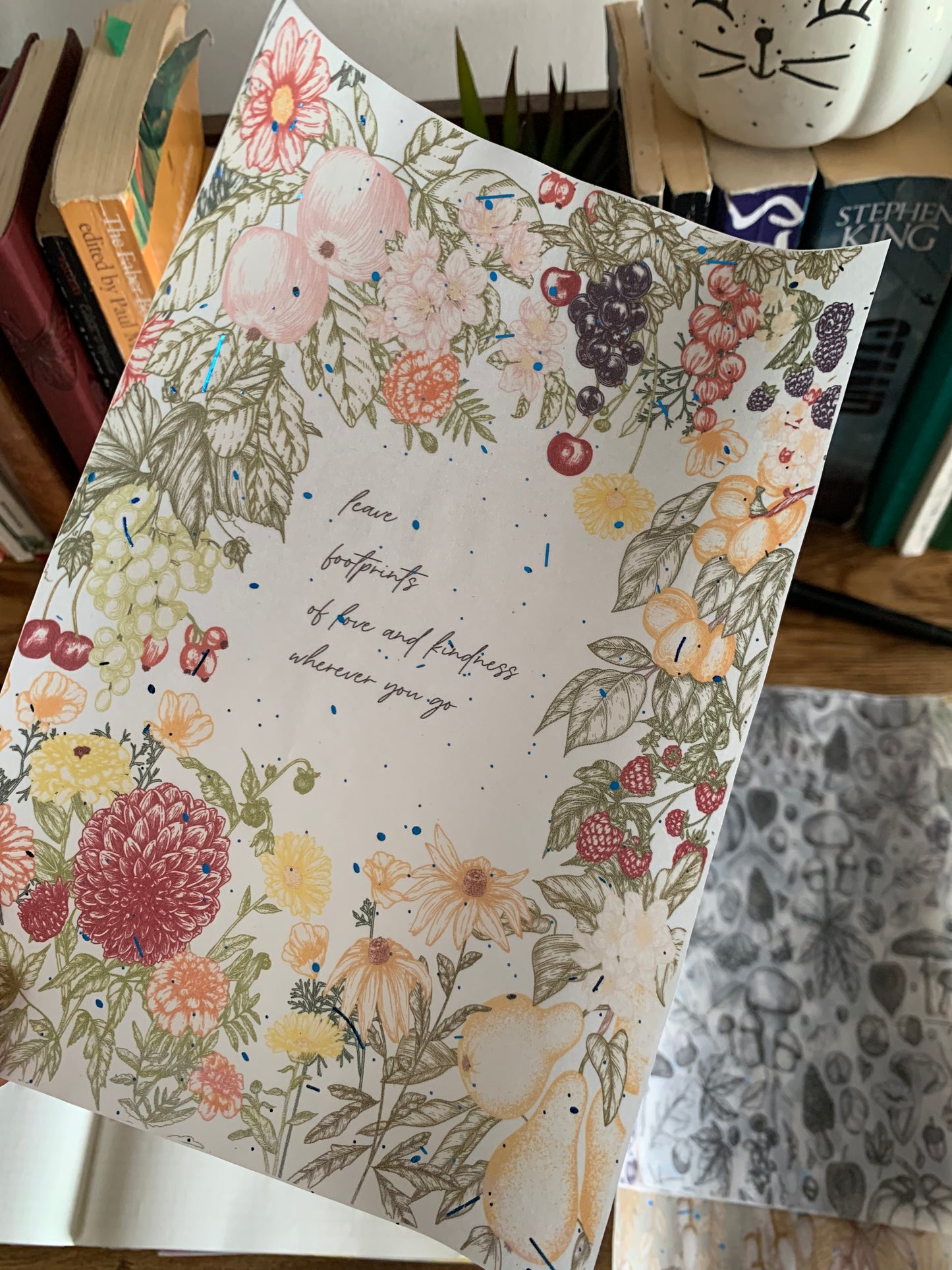 Fall themed Garden Hand Drawn Floral Scrapbooking paper- Vellum Planner Dashboard - blue Foil - Leave Footprints Motivational Quote