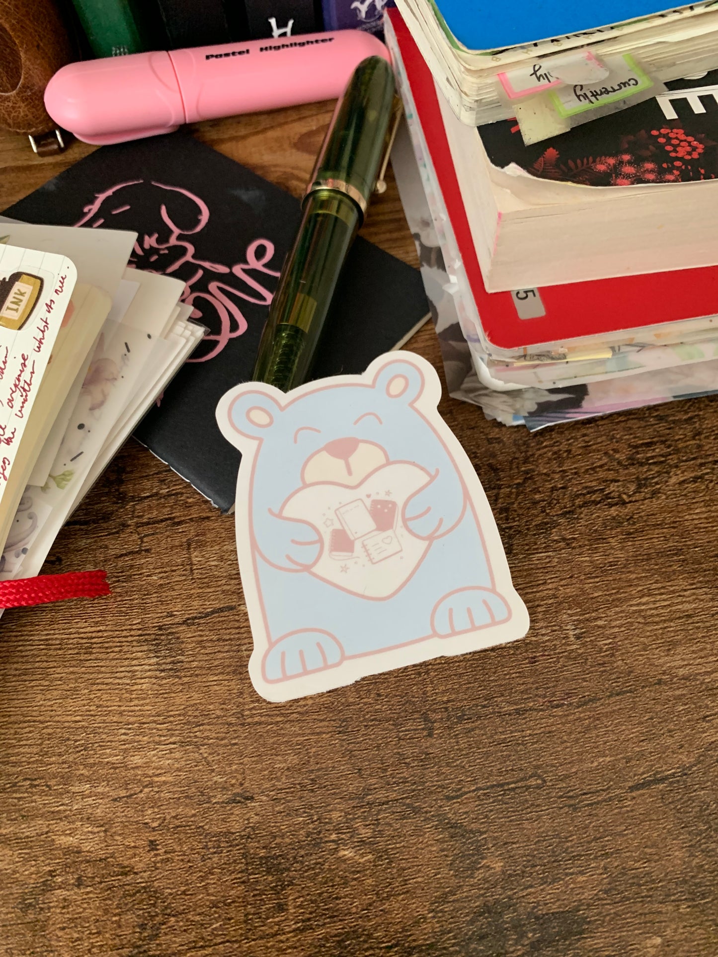 Hand drawn cute Baby Blue Bear with Heart Sticker Flake - Journal Bear - Latte 🩵