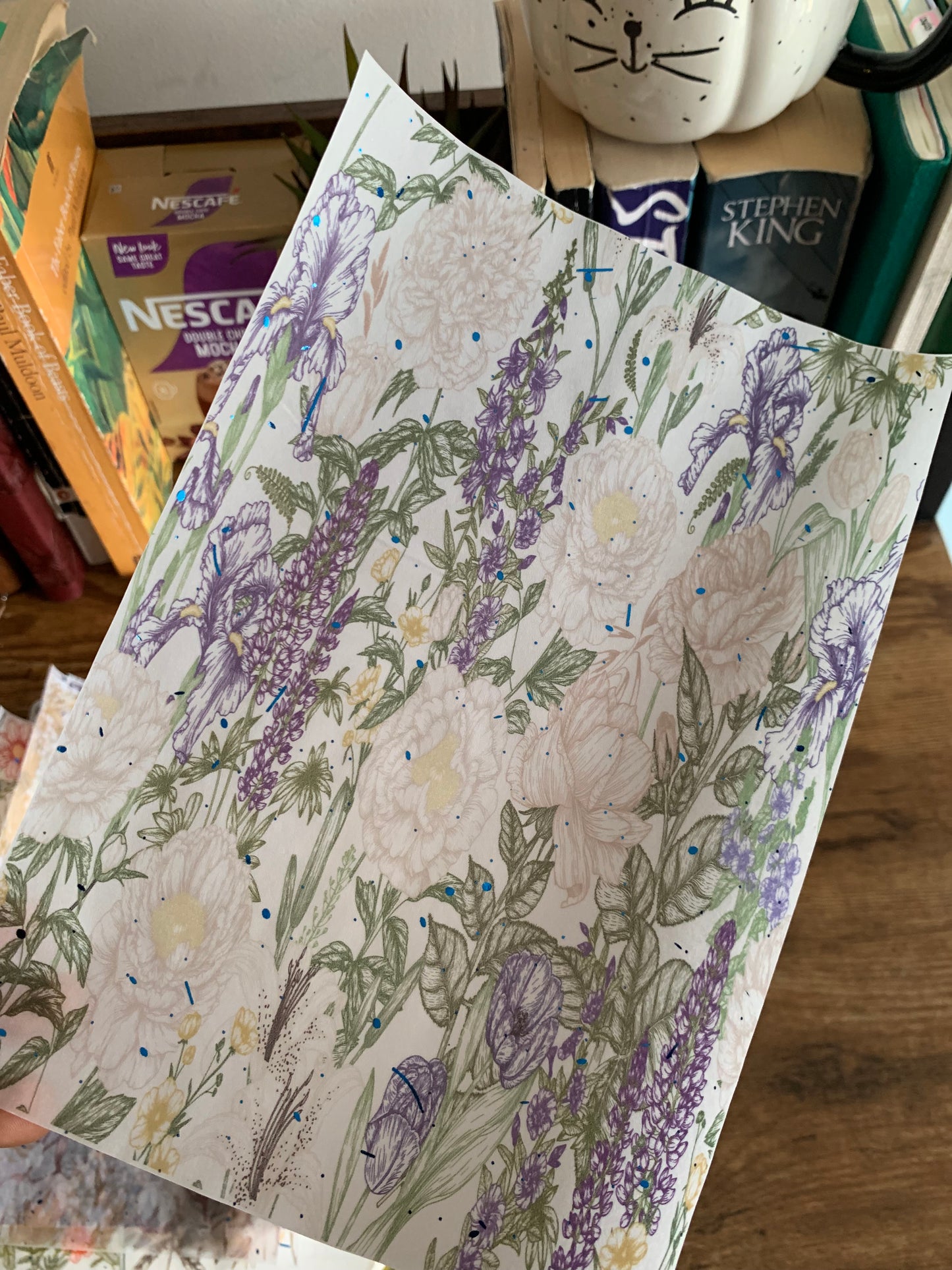Hand Drawn Floral Scrapbooking paper- Vellum Planner Dashboard - blue Foil - Olivia