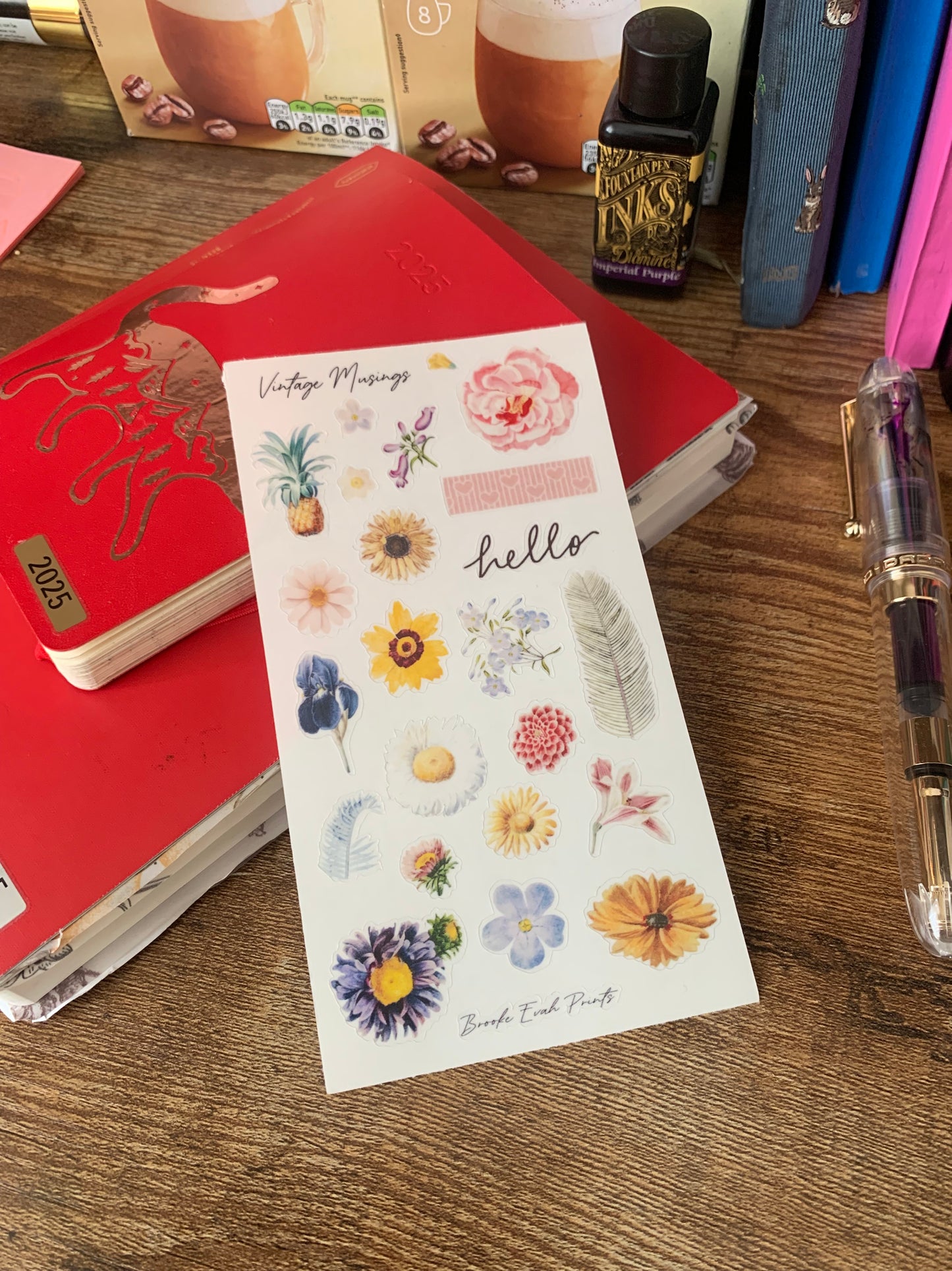 Bullet Journal Clear Floral Stickers - Hand drawn Pineapple & Flowers- Vintage Musings