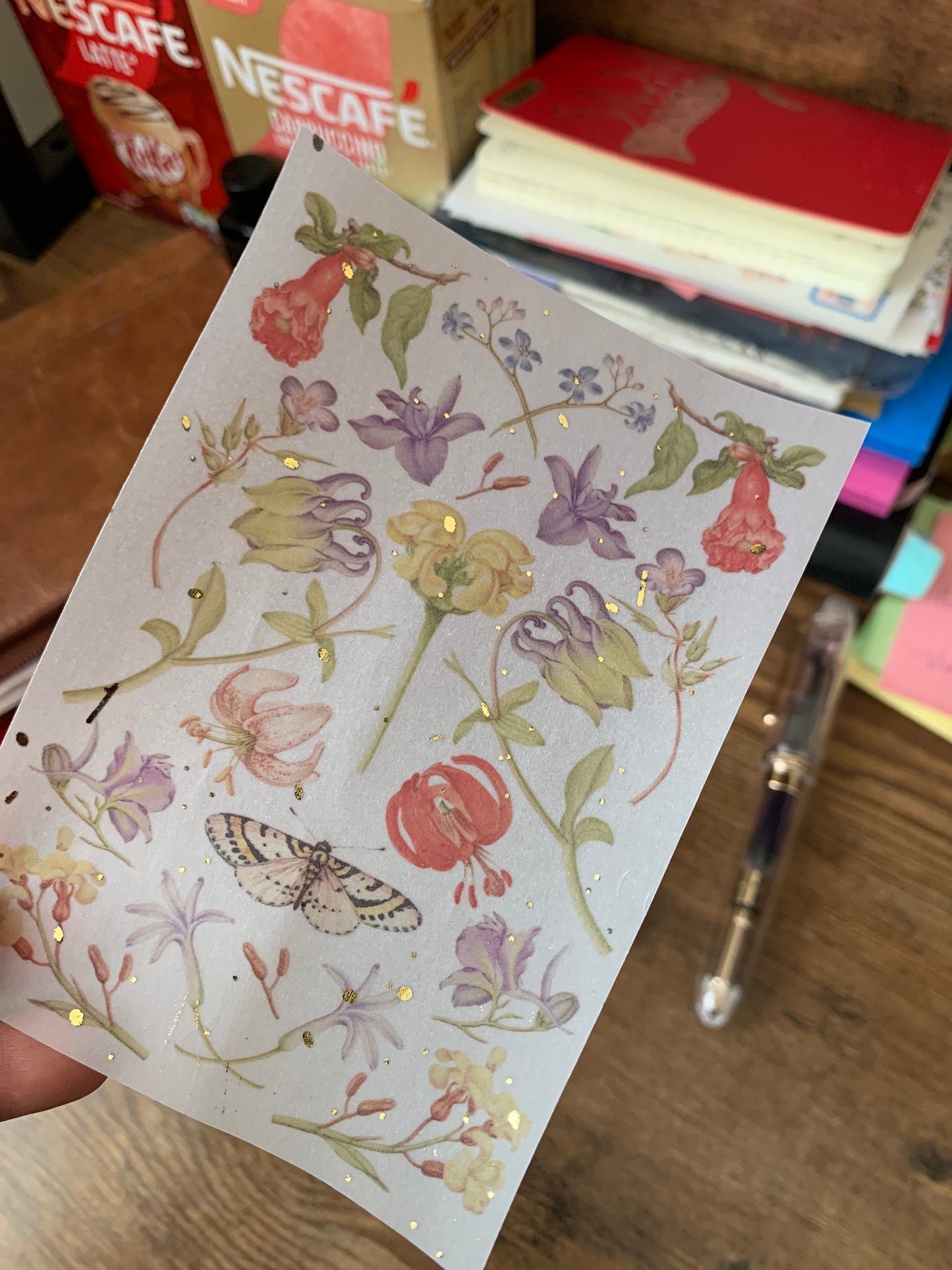 Vintage Florals Purple Flower & Moth Watercolour - Vellum Planner Dashboard - Gold Foil Star accents - The Model