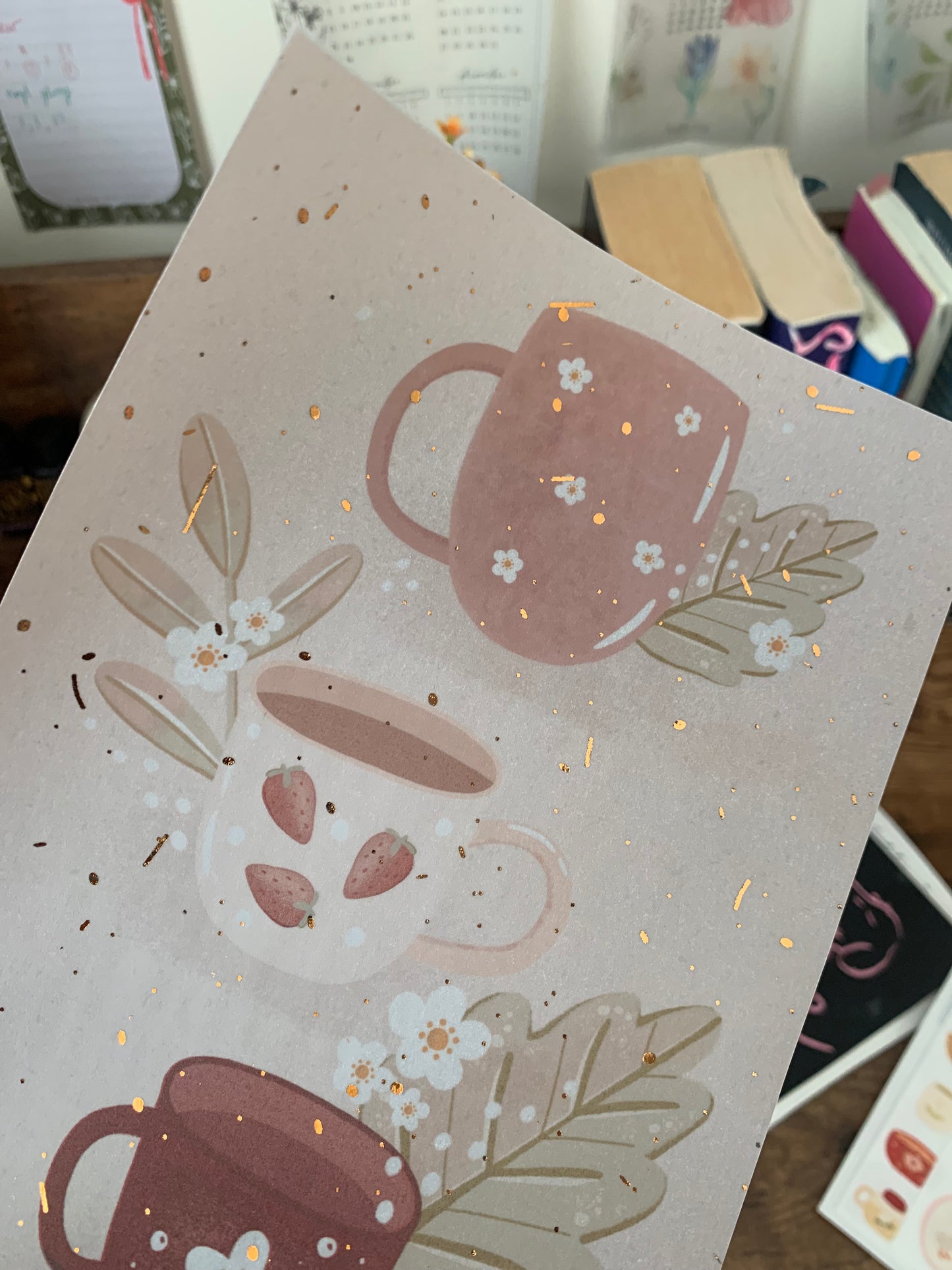 Cute Handrawn Mugs with Leaves Watercolour - Vellum Planner Dashboard - Copper Foil accents - Pumpkin Spice