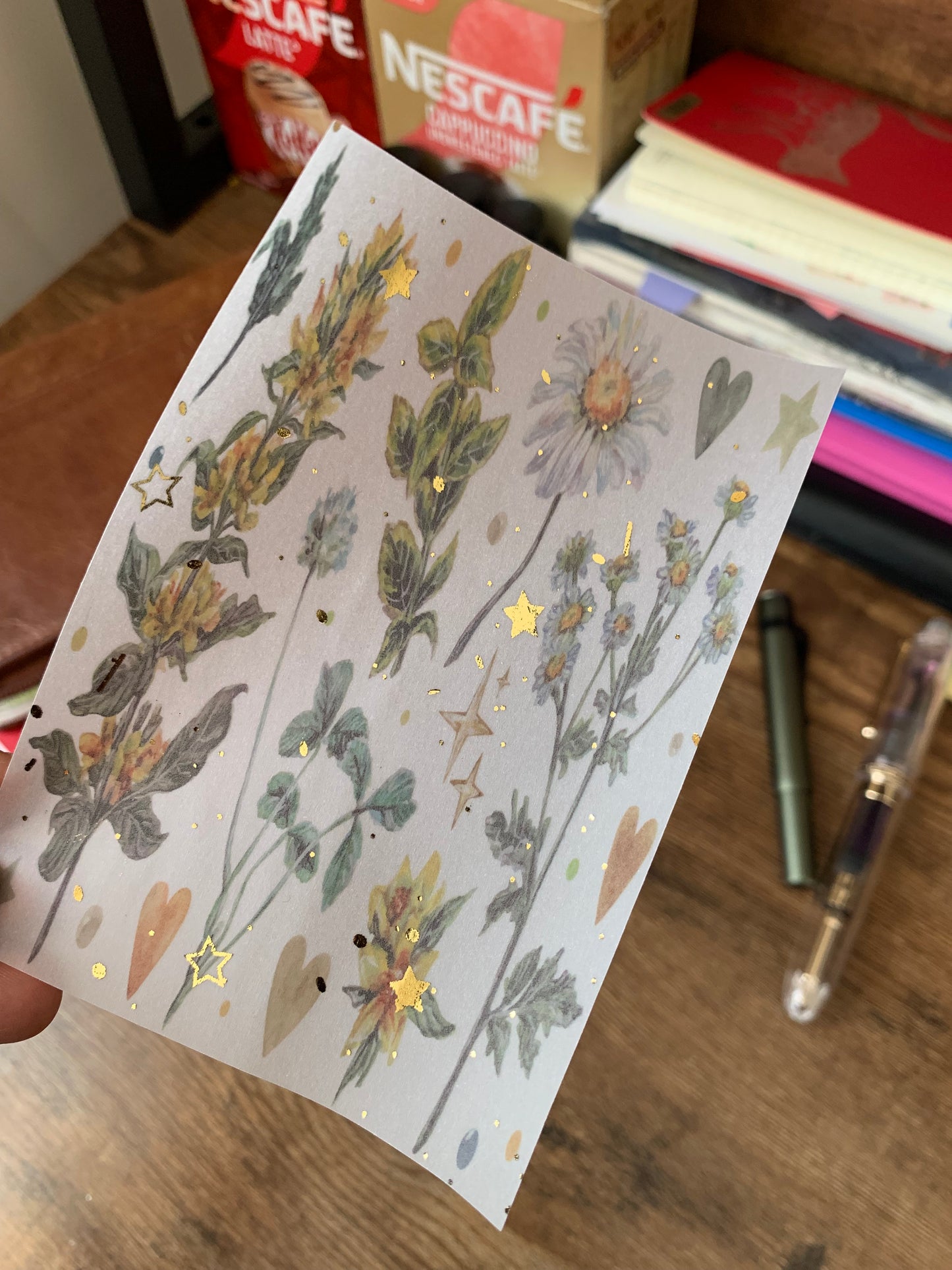 Dark Green Flowers & Hearts Vintage Inspired Watercolour - Vellum Planner Dashboard - Gold Foil Star accents - Nostalgia