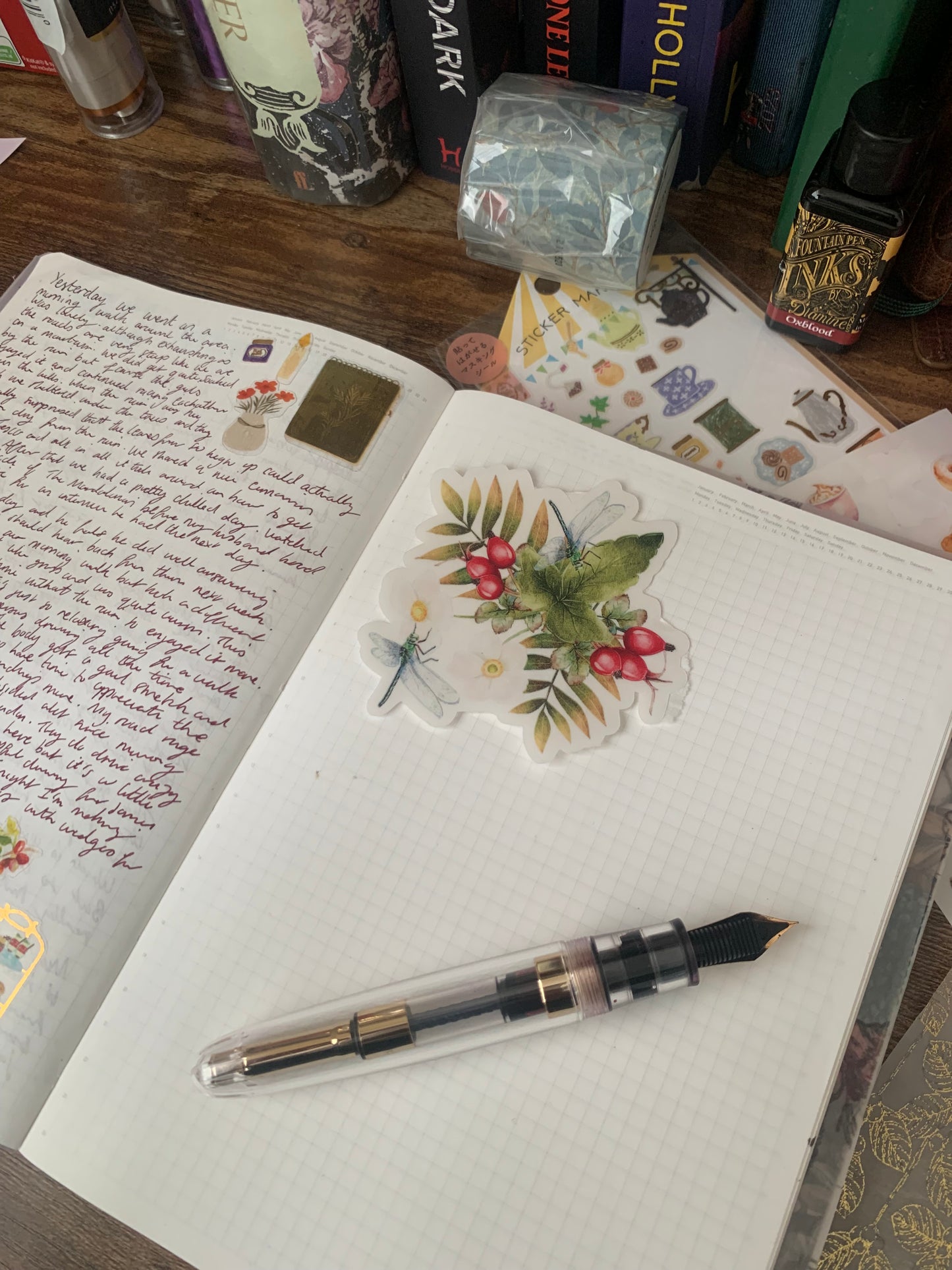 Dragonfly and Berries Bush Hand Drawn Watercolor Sticker Flake - The Forest Calls 🌳