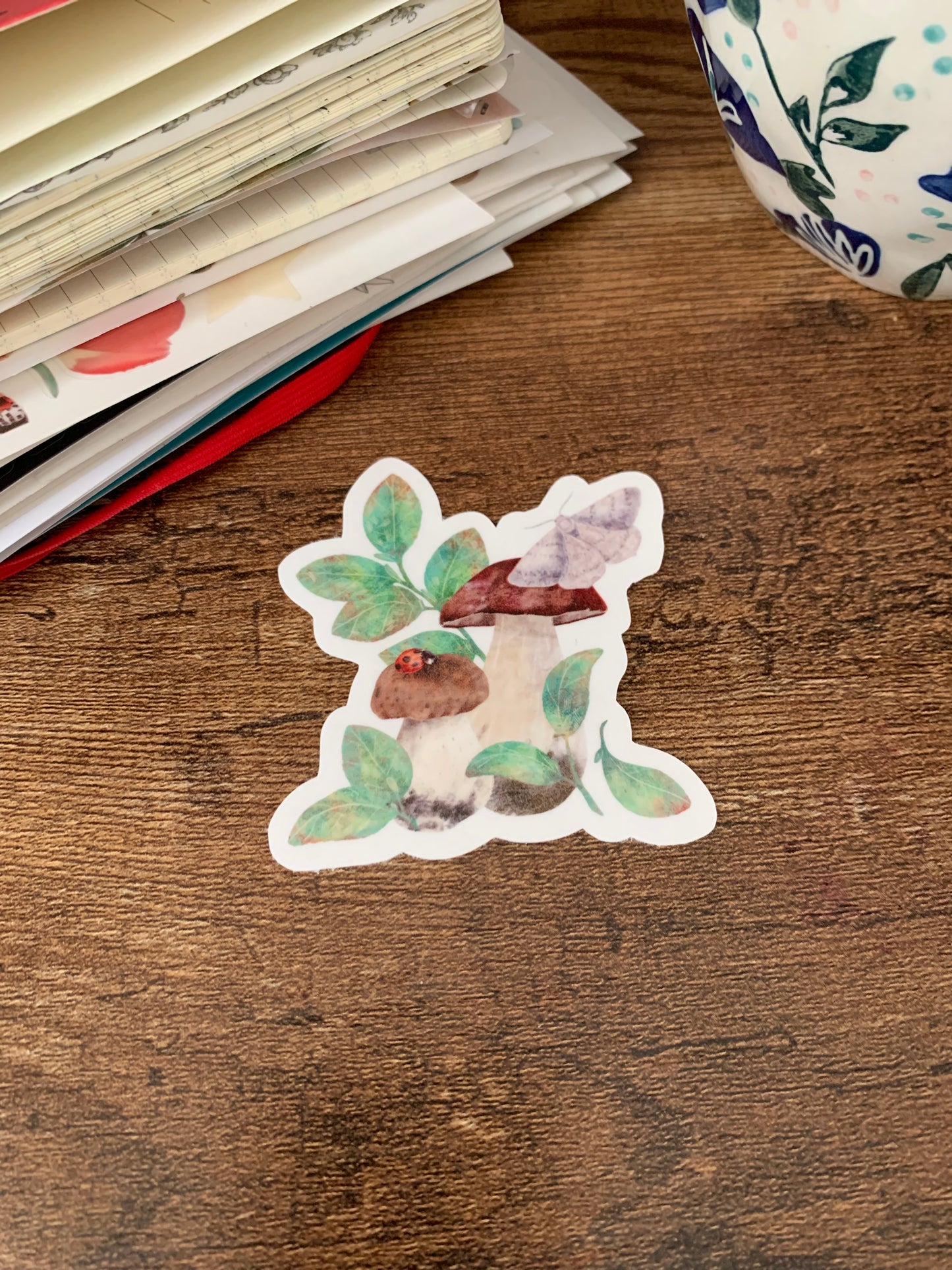 Ladybird and Mushroom Bush Hand Drawn Watercolor Sticker Flake - The Lady and the Shroom 🍄🟫