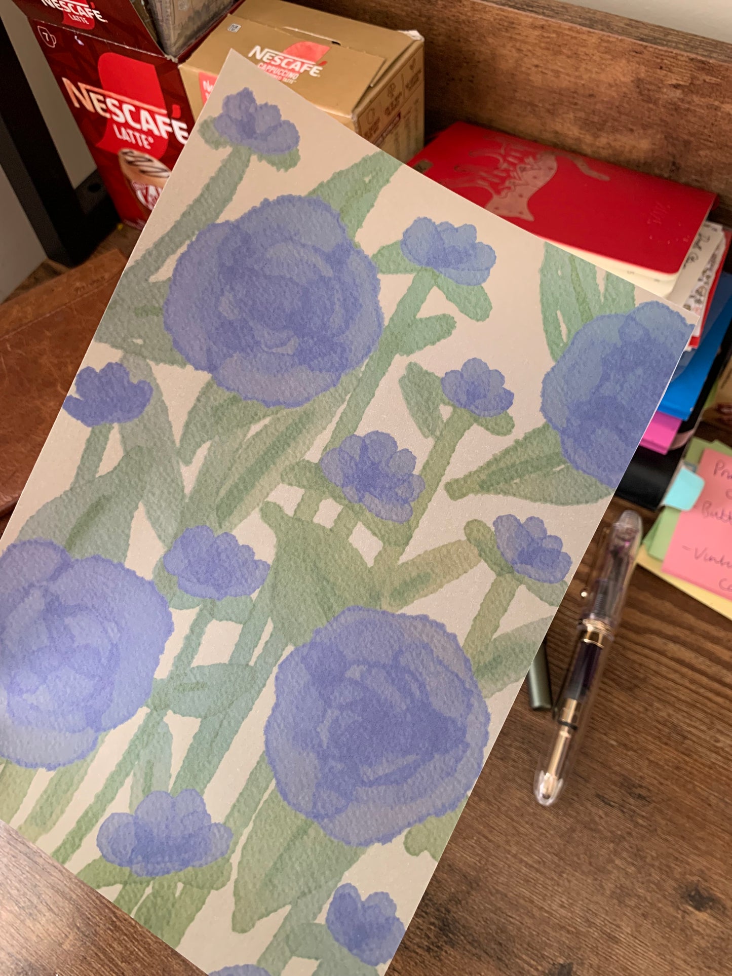 Beautiful Blue Flower Watercolour Painting• Scrapbook Paper• Hand Drawn Vellum Planner Dashboard • Bianca