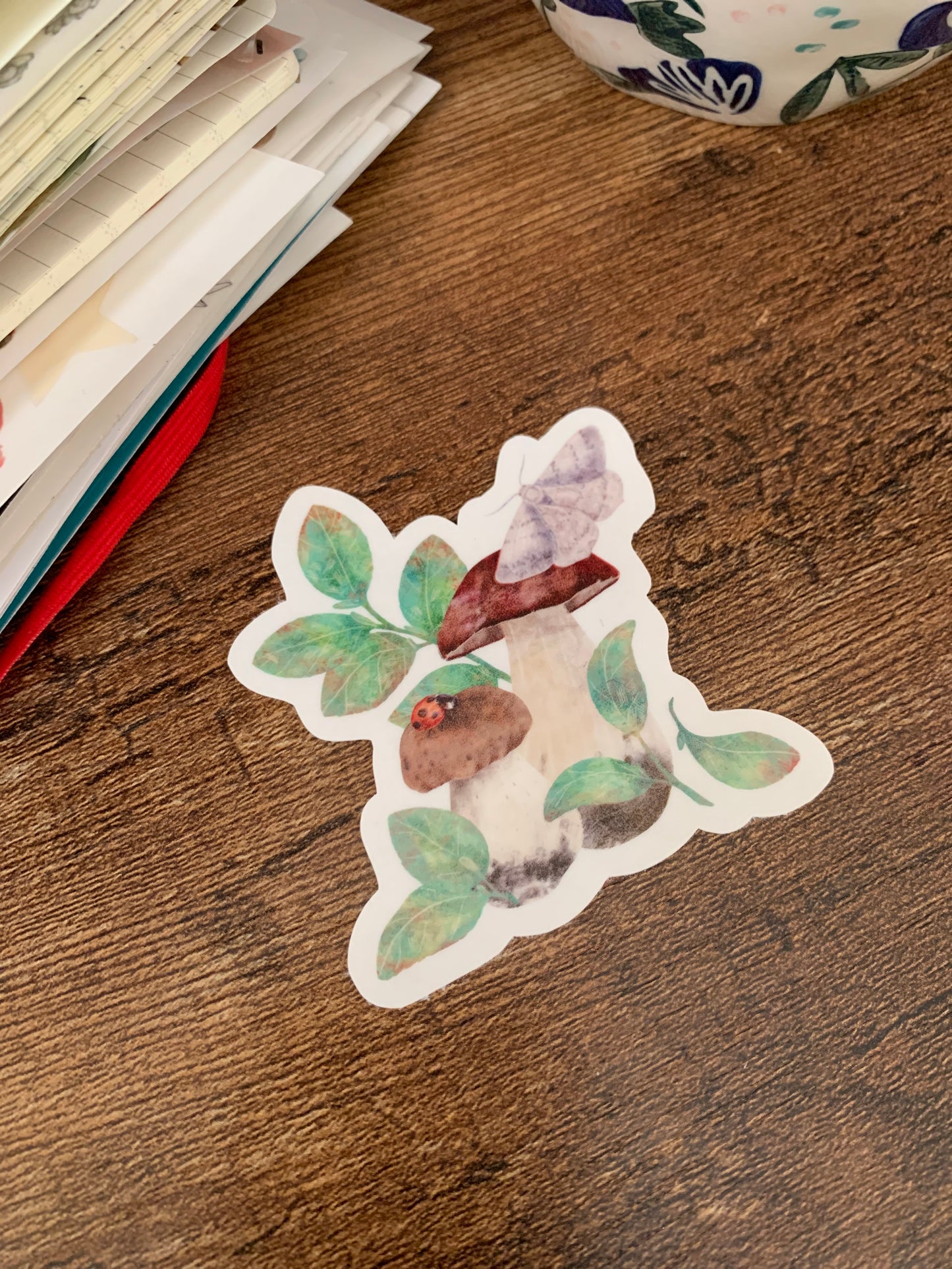 Ladybird and Mushroom Bush Hand Drawn Watercolor Sticker Flake - The Lady and the Shroom 🍄🟫