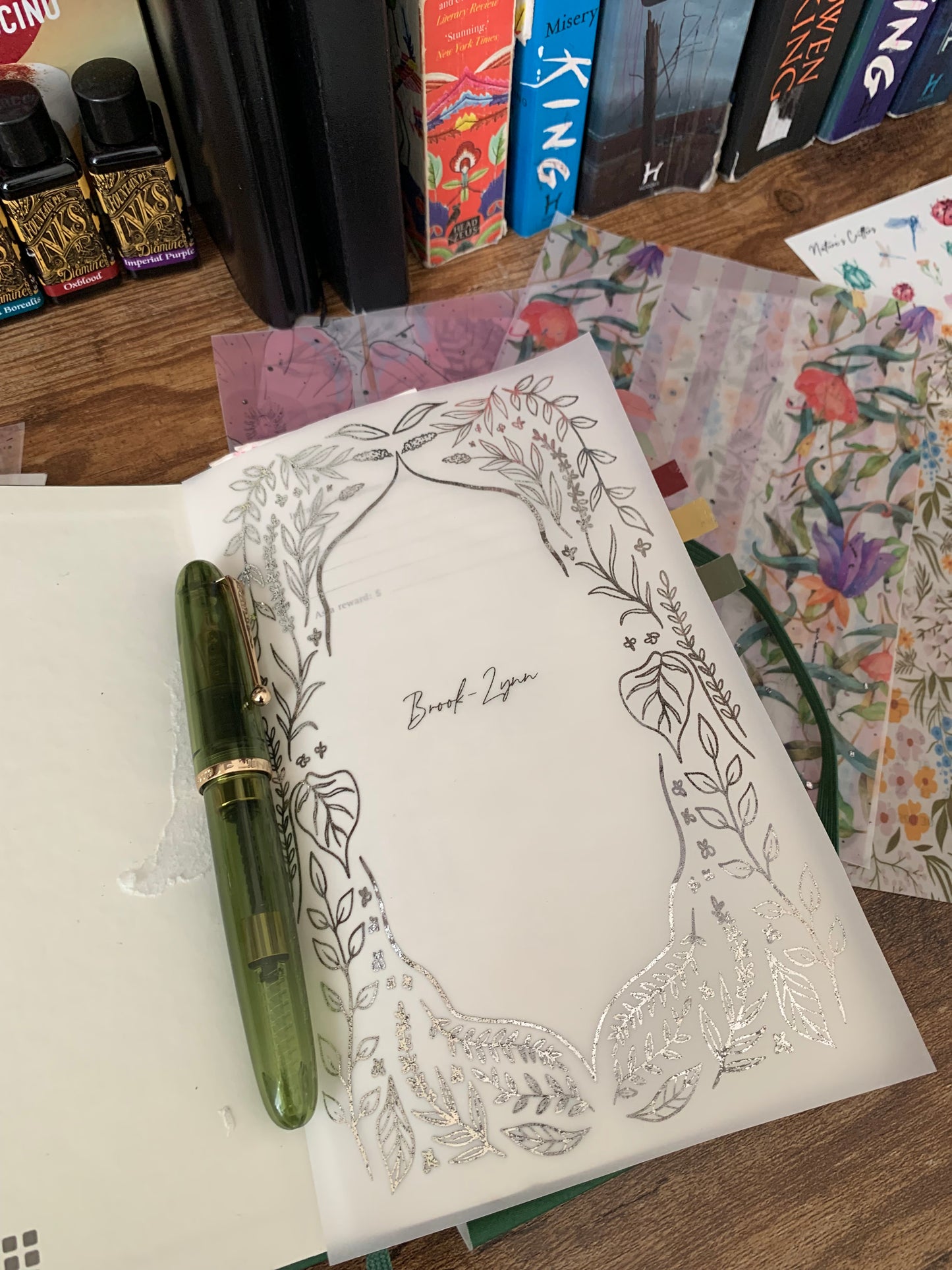Silver Whimsical Hand Drawn Leaves themed Vellum Planner Dashboard - Midnight I