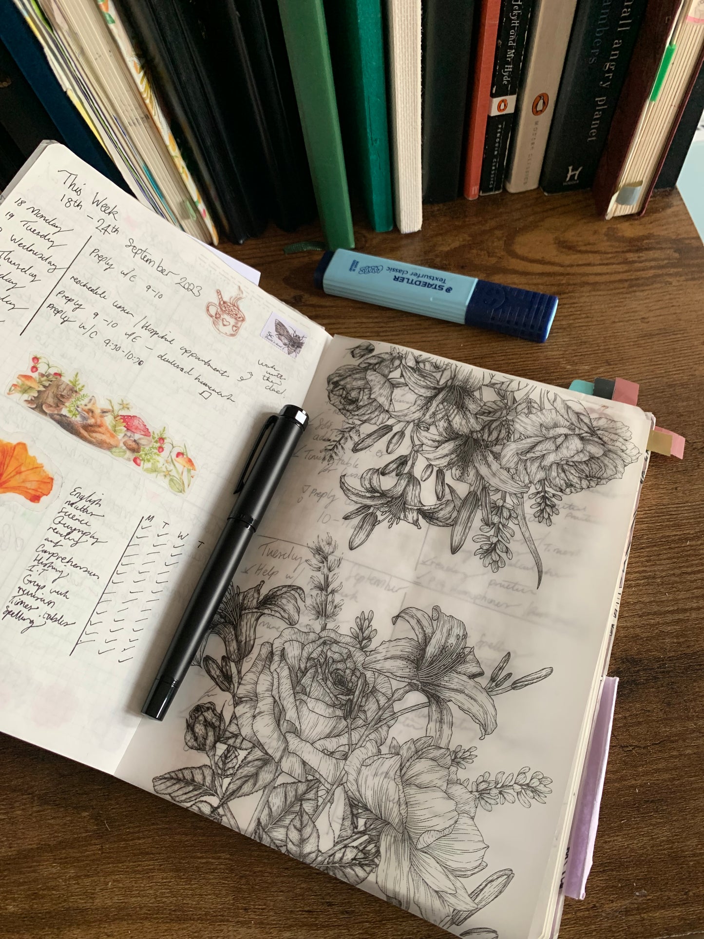 Black Foiled Botanical lily rose Hand Drawn Vintage Vellum X Acetate Planner Dashboard - Tiger lily