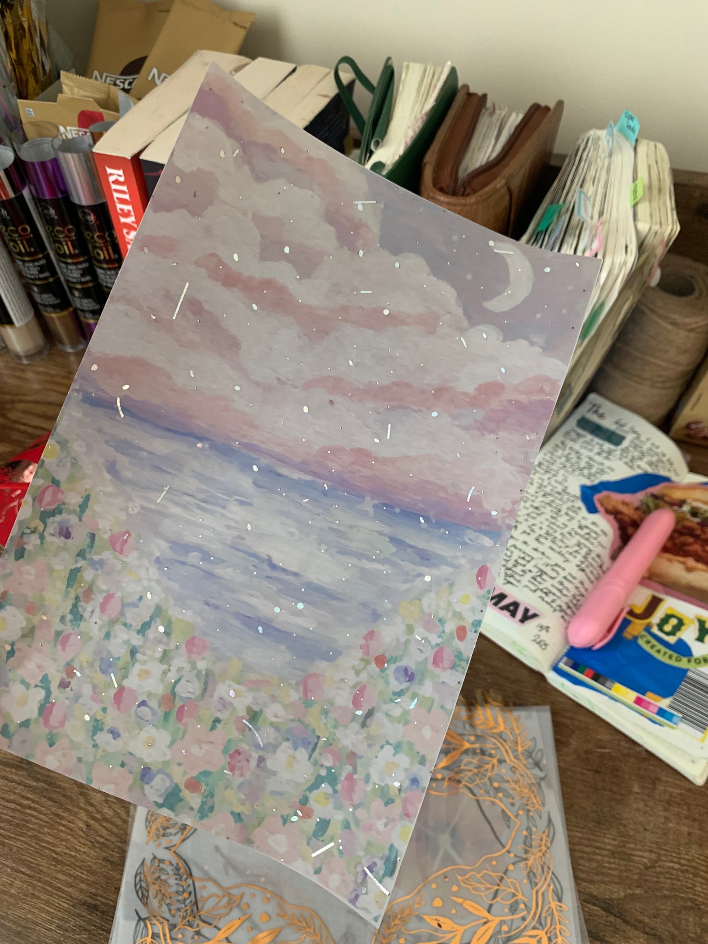 Purple Pastel Sky, Flowers, Pink Clouds, Moon Painting • Hand drawn • Printed Foiled Vellum Planner Dashboard- Night Sky ✨