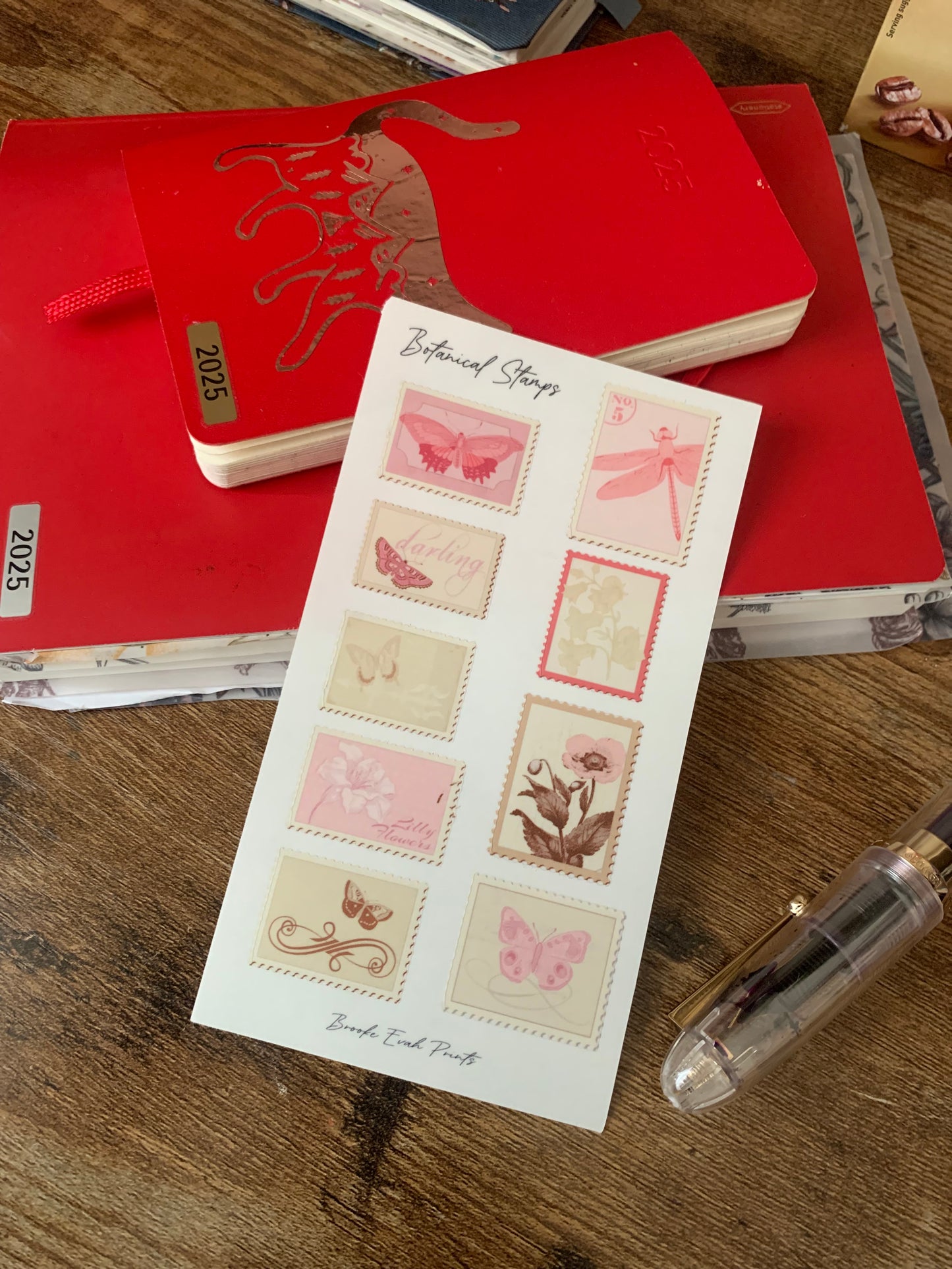 Pink Butterfly Vintage themed Stamps- Scrapbook Clear Floral Stickers - Watercolor Rabbit, Bows and & Flowers- Botanical Stamps