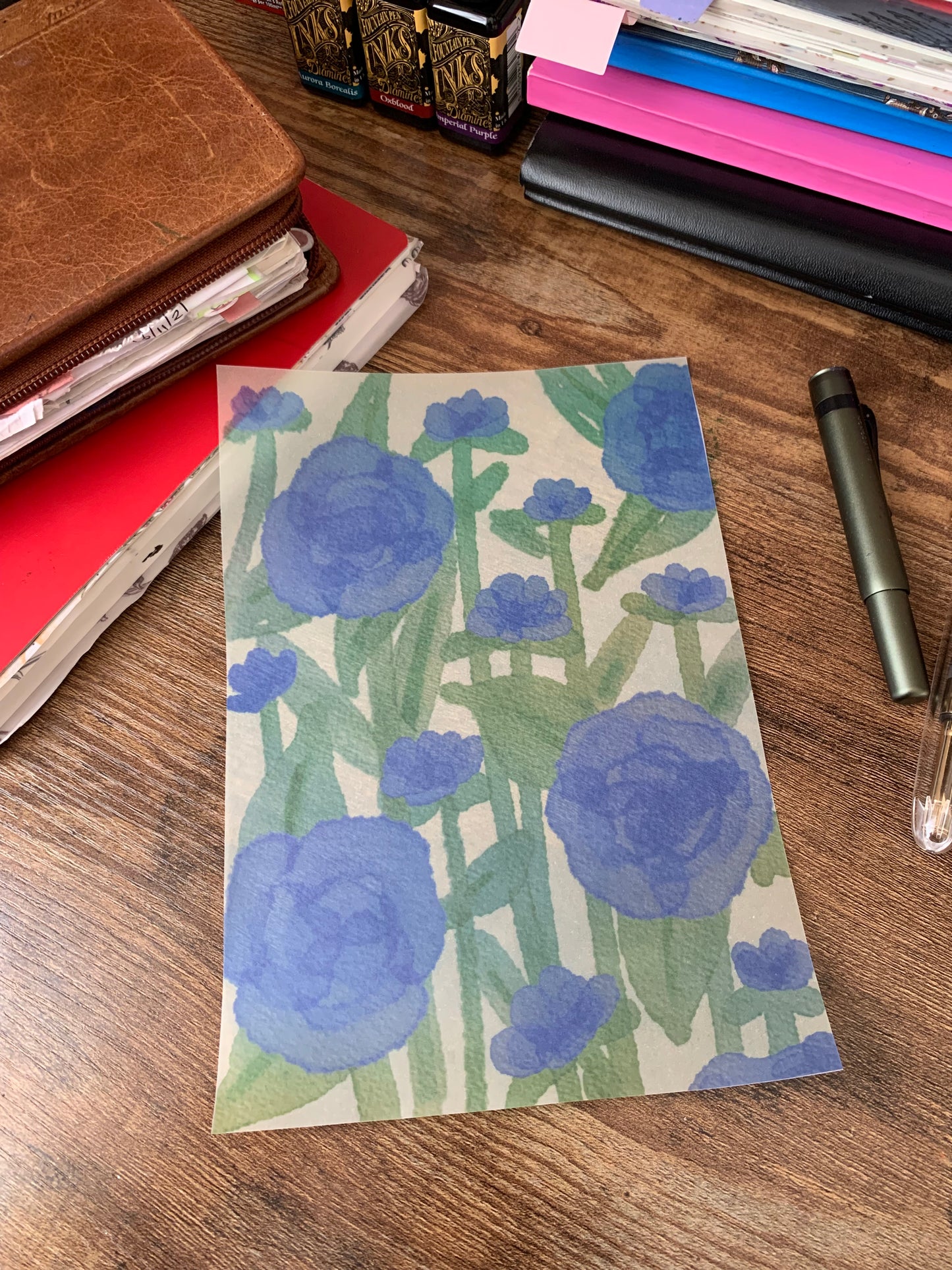 Beautiful Blue Flower Watercolour Painting• Scrapbook Paper• Hand Drawn Vellum Planner Dashboard • Bianca