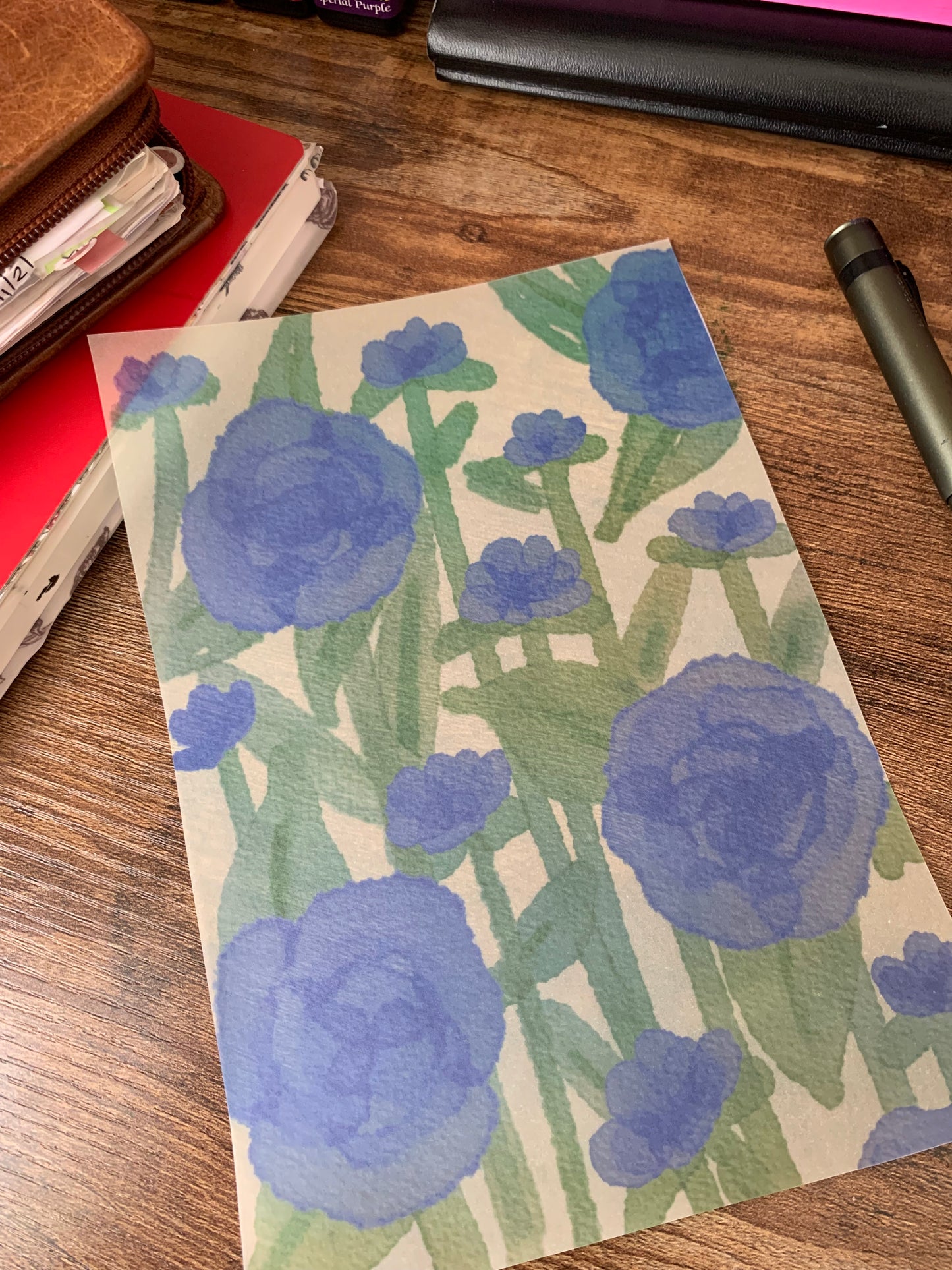Beautiful Blue Flower Watercolour Painting• Scrapbook Paper• Hand Drawn Vellum Planner Dashboard • Bianca