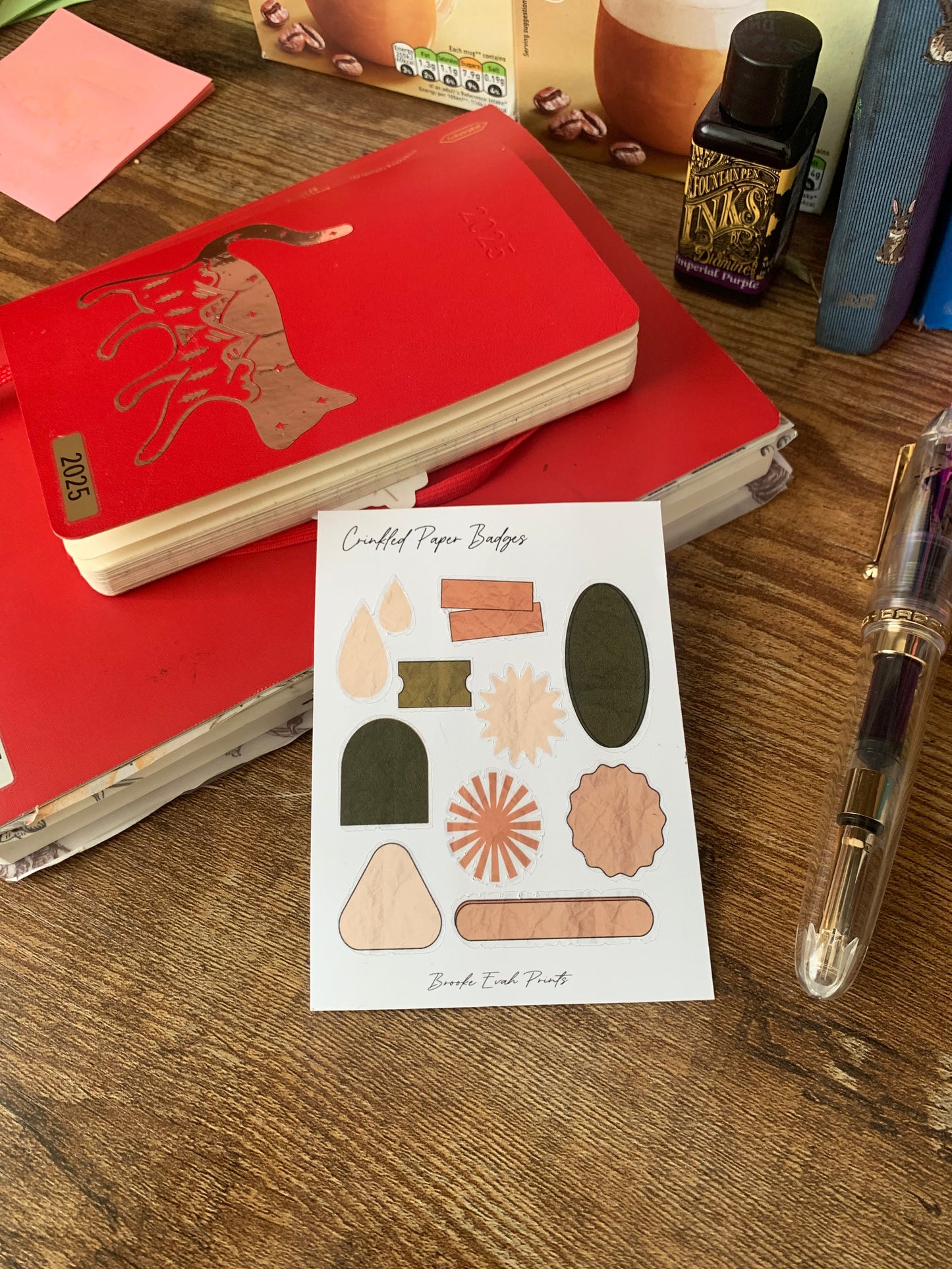 Crinkled Paper Badges - Bullet Journal Stickers - Green & Brown Planner Stickers