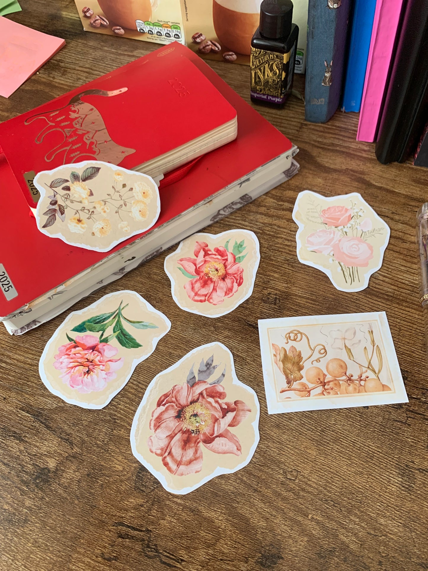 Premium Vintage Torn Paper Floral Sticker Flakes - Pack of 6