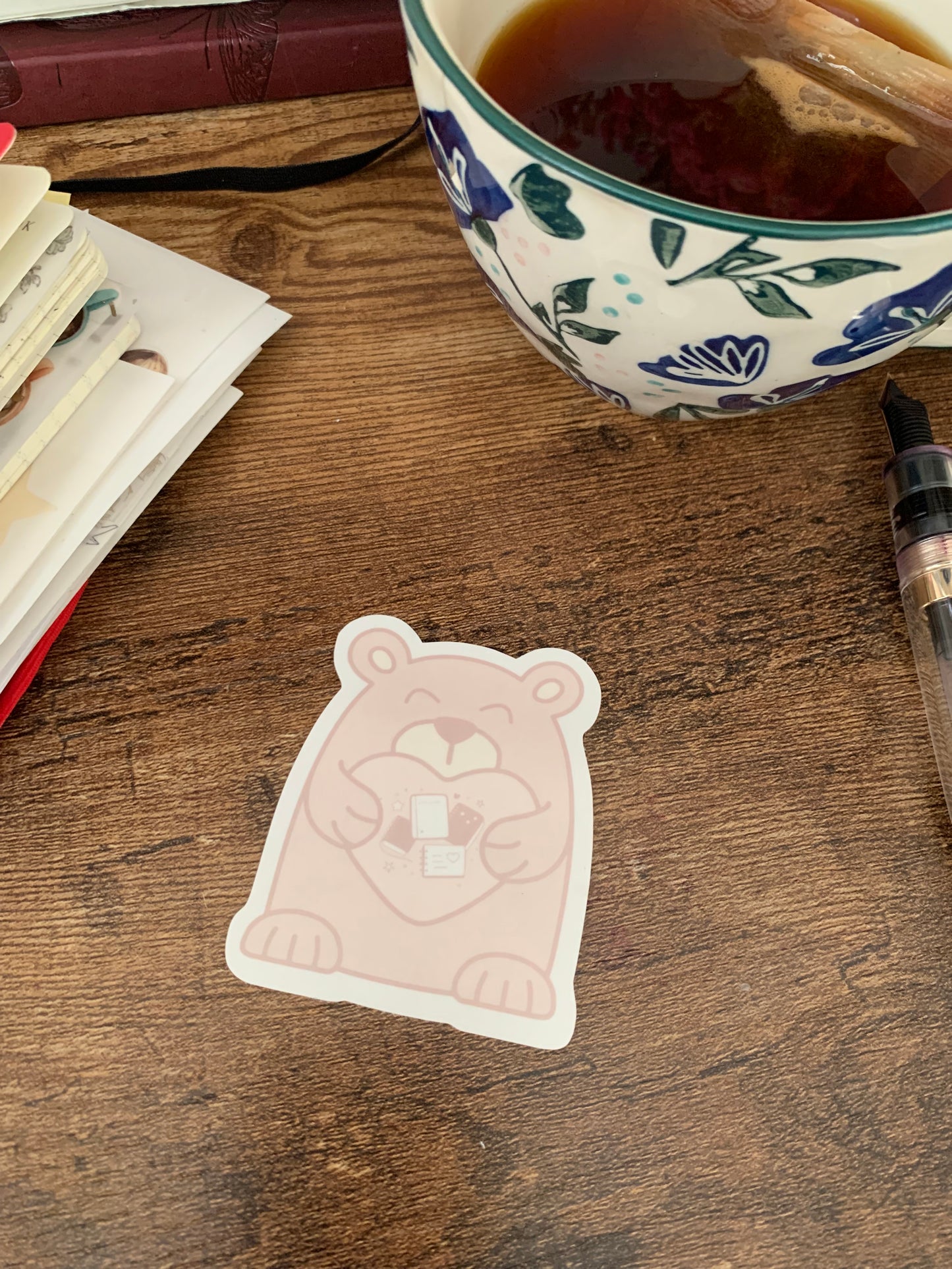 Hand drawn cute Brown Bear with Heart Sticker Flake - Journal Bear - Milo 🤎