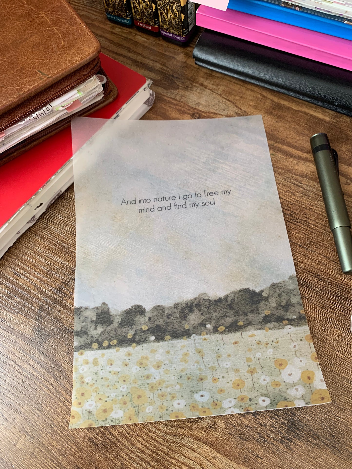 Soft Watercolour Green and Brown fields • Hand Drawn Vellum Planner Dashboard • And into Nature I go