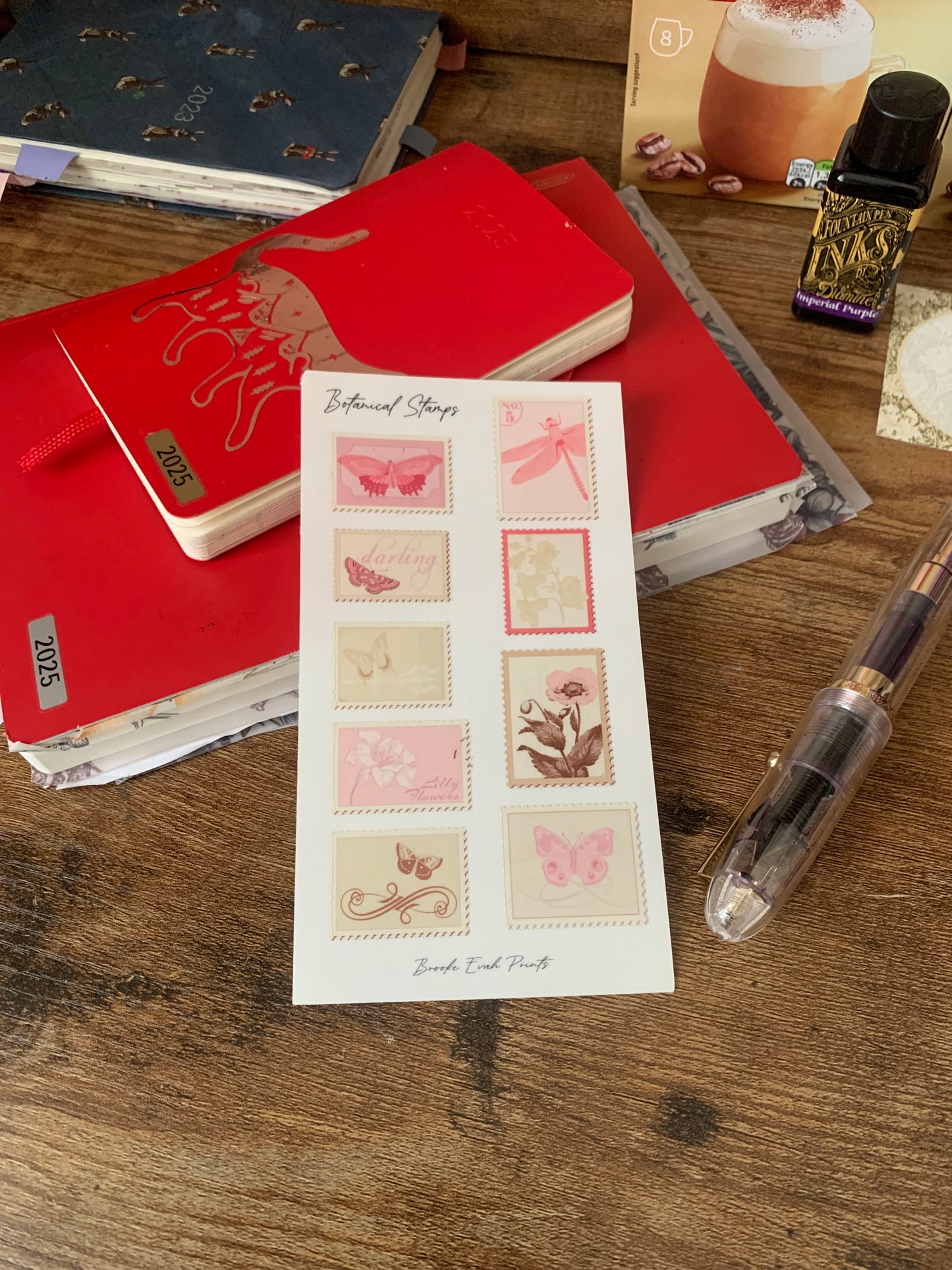 Pink Butterfly Vintage themed Stamps- Scrapbook Clear Floral Stickers - Watercolor Rabbit, Bows and & Flowers- Botanical Stamps