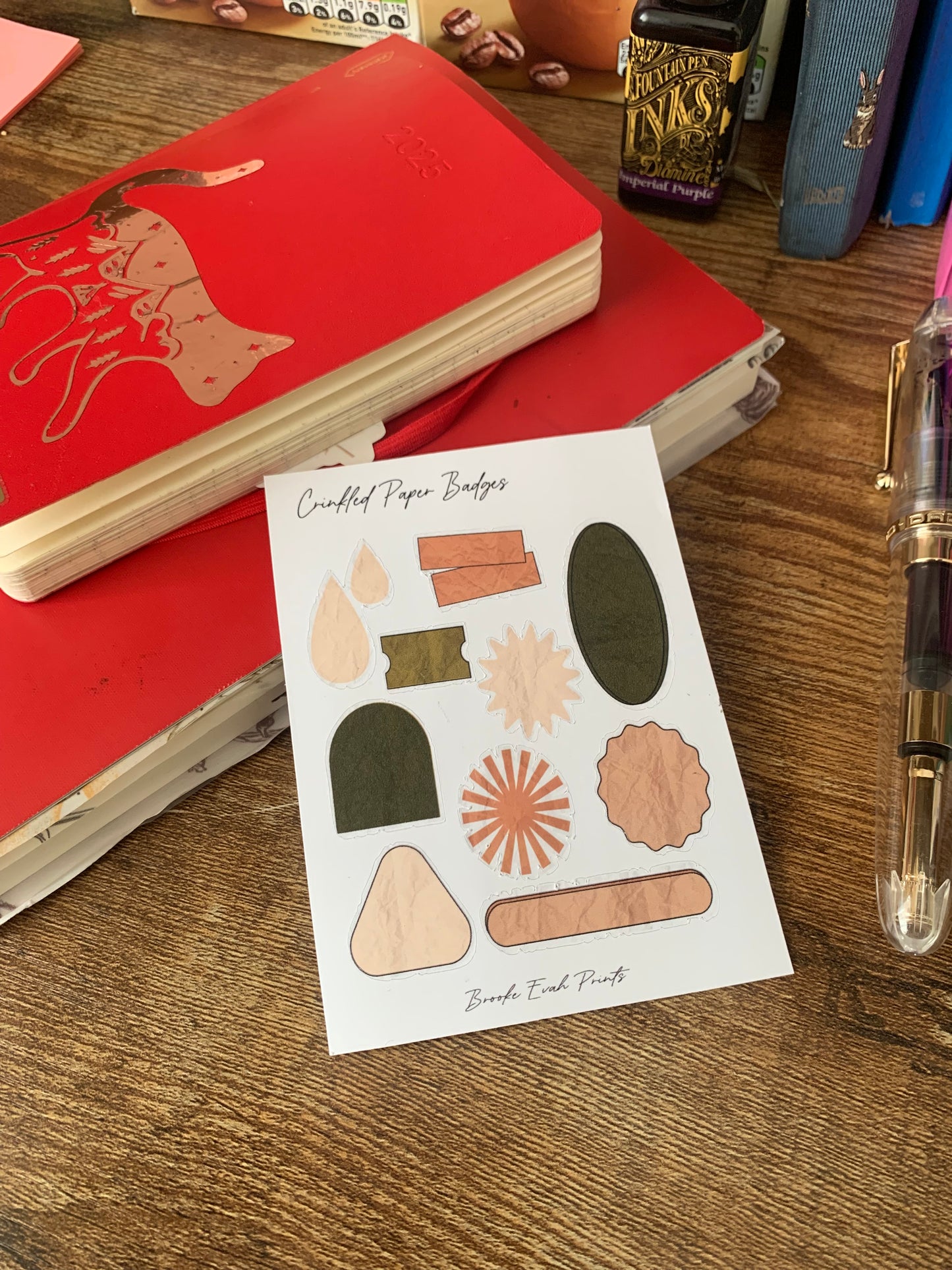 Crinkled Paper Badges - Bullet Journal Stickers - Green & Brown Planner Stickers