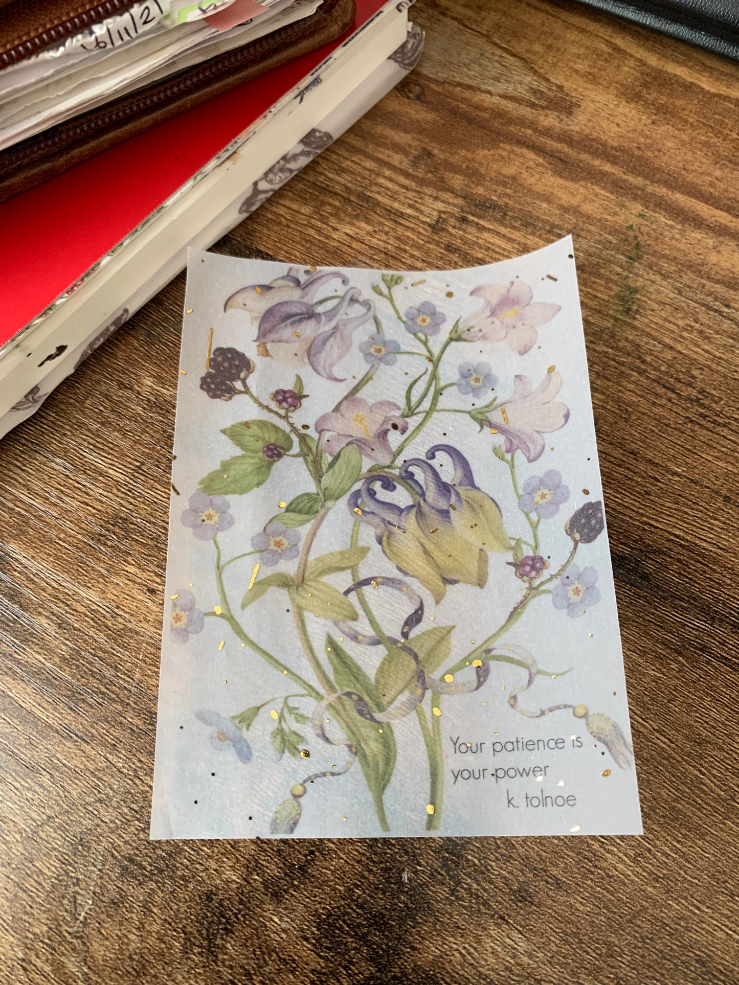 Stunning Purple Flowers Vintage Inspired Watercolour - Vellum Planner Dashboard - Gold Foil Star accents - Your Patience is Your Power