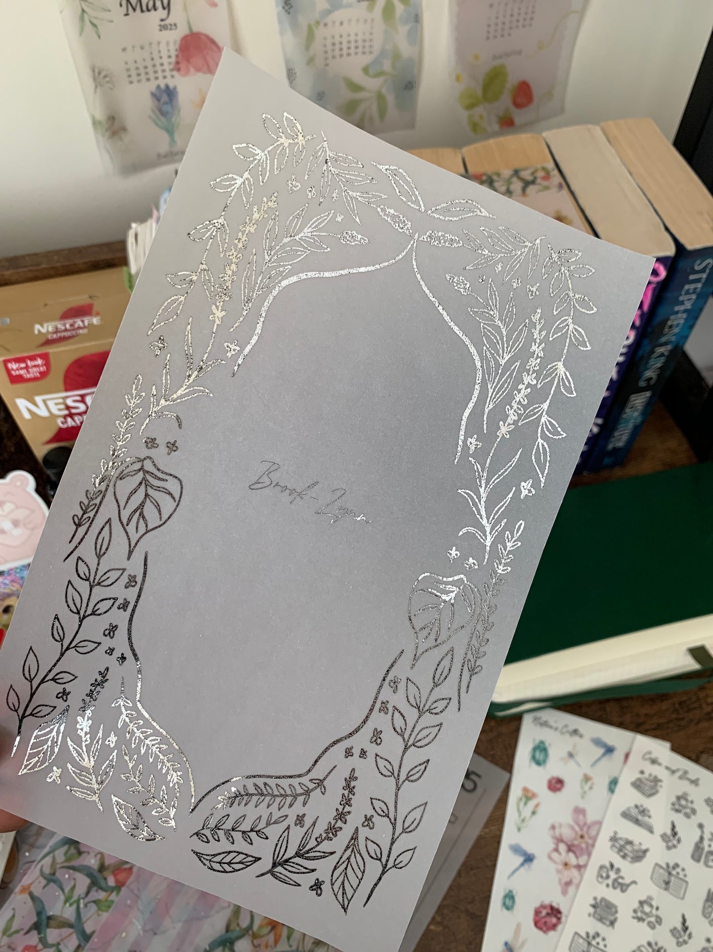 Silver Whimsical Hand Drawn Leaves themed Vellum Planner Dashboard - Midnight I