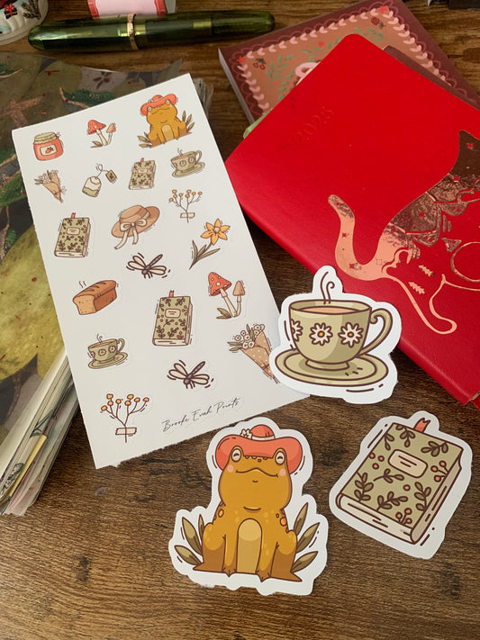 Cottage Core Frog, Tea and Journals Sticker Pack - Cozy Frog