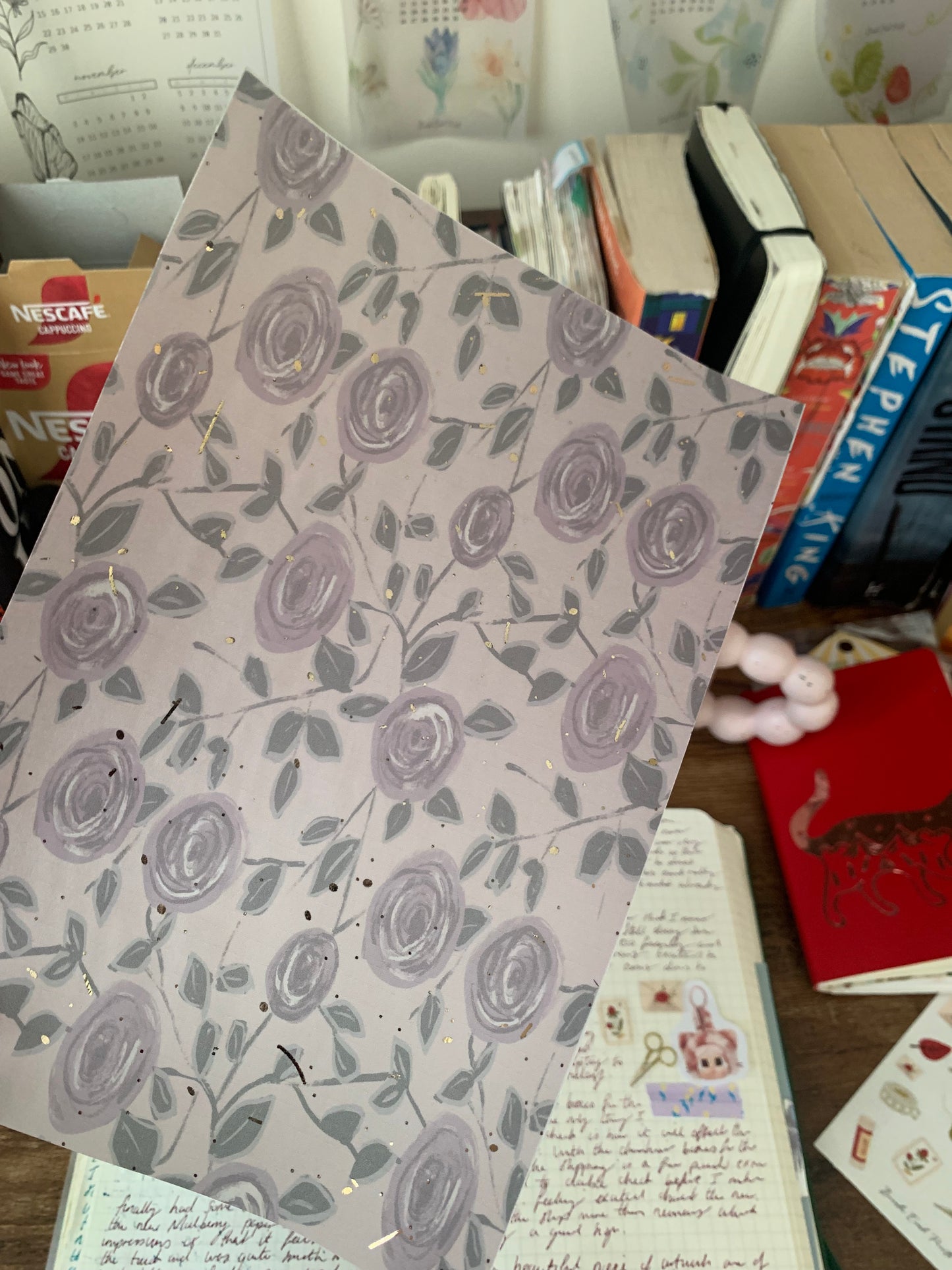 Purple Roses Pattern, Watercolour drawing • Hand drawn • Printed Foiled Vellum Planner Dashboard- Thinking of You