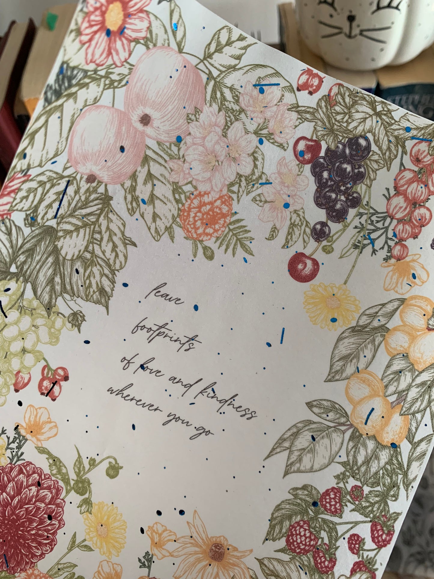 Fall themed Garden Hand Drawn Floral Scrapbooking paper- Vellum Planner Dashboard - blue Foil - Leave Footprints Motivational Quote