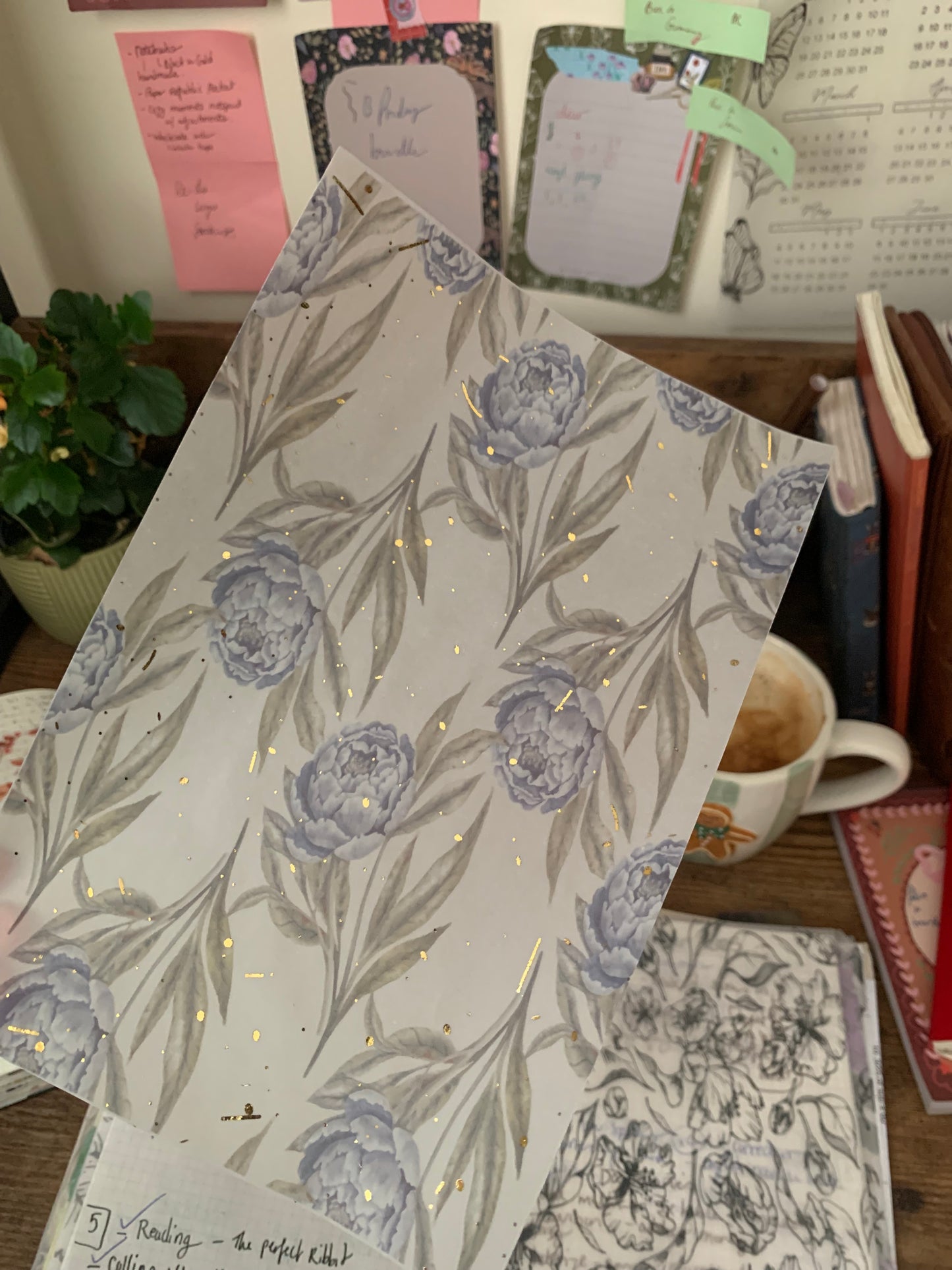 Blue Peonies Watercolor Journal Paper- Vellum Planner Dashboard - Gold Foil accents - Peony Blue