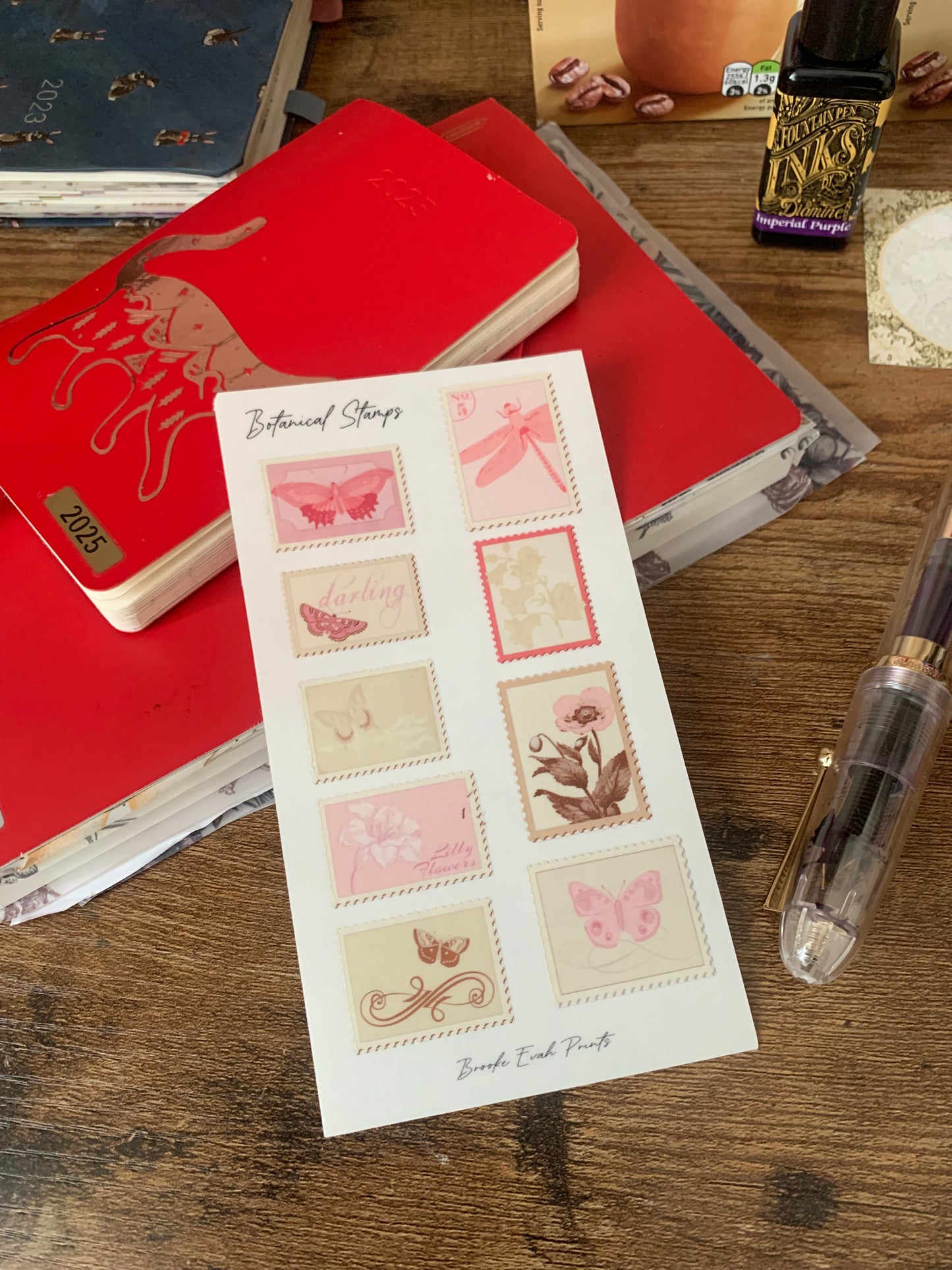 Pink Butterfly Vintage themed Stamps- Scrapbook Clear Floral Stickers - Watercolor Rabbit, Bows and & Flowers- Botanical Stamps