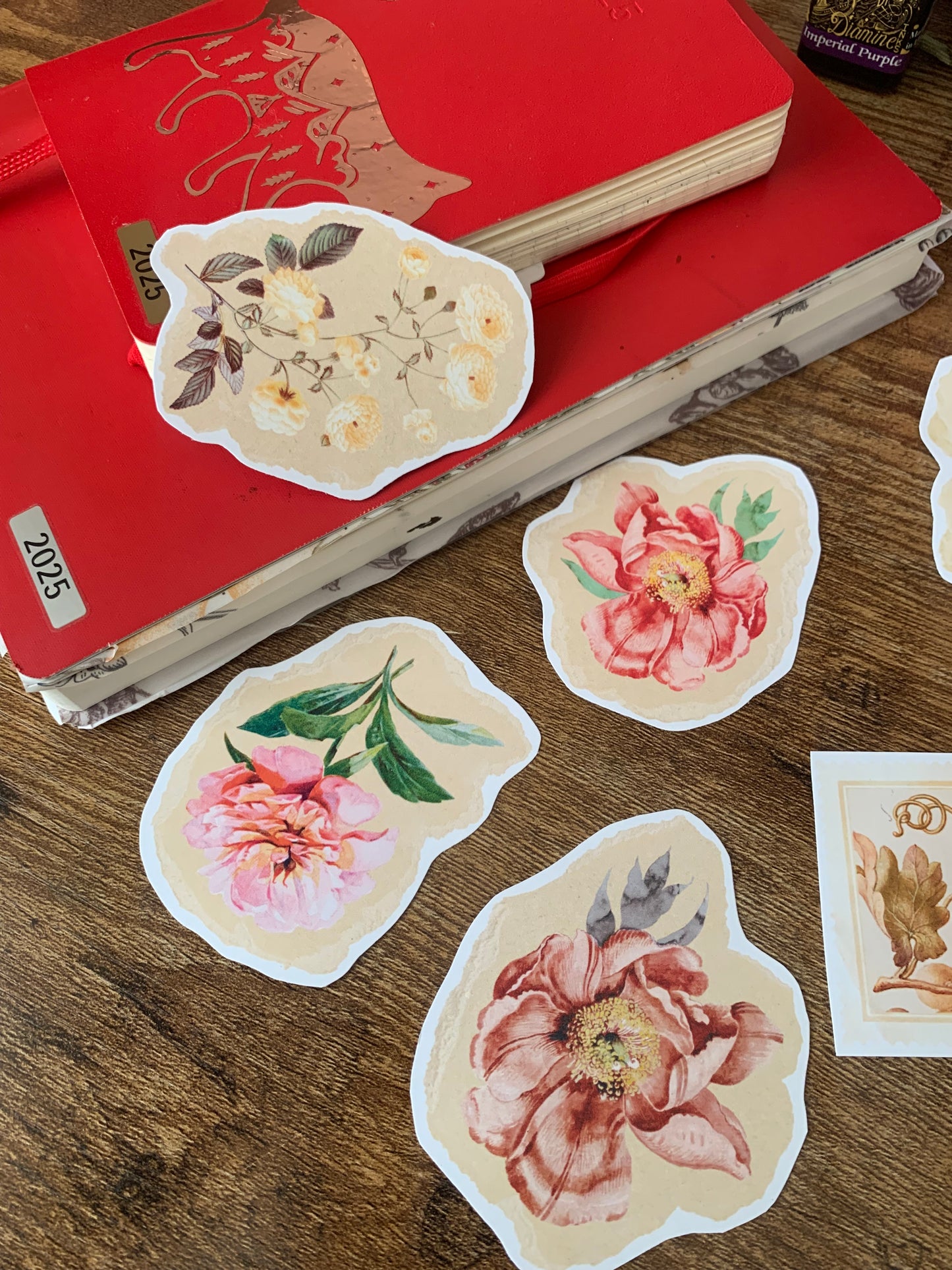 Premium Vintage Torn Paper Floral Sticker Flakes - Pack of 6