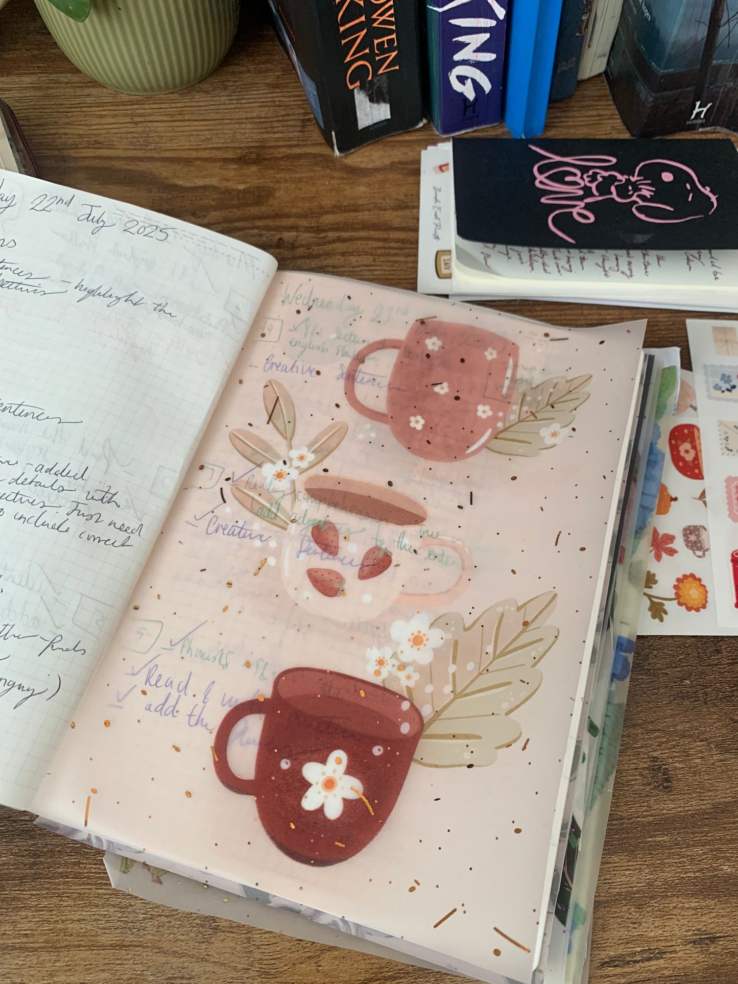 Cute Handrawn Mugs with Leaves Watercolour - Vellum Planner Dashboard - Copper Foil accents - Pumpkin Spice