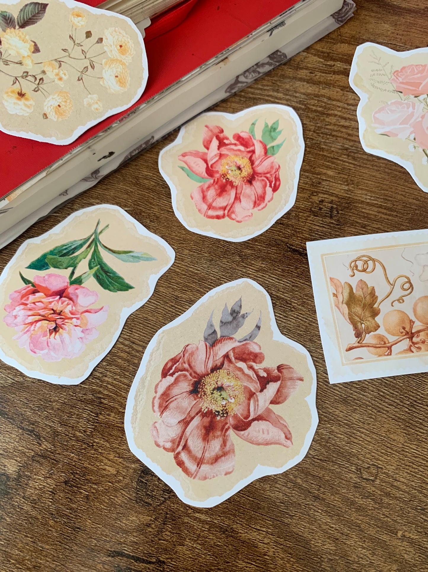 Premium Vintage Torn Paper Floral Sticker Flakes - Pack of 6