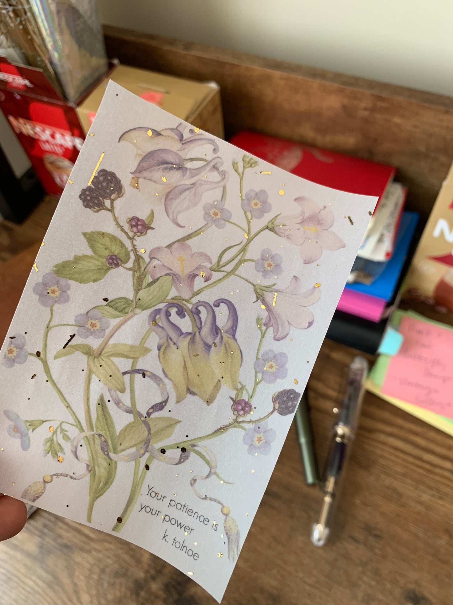 Stunning Purple Flowers Vintage Inspired Watercolour - Vellum Planner Dashboard - Gold Foil Star accents - Your Patience is Your Power