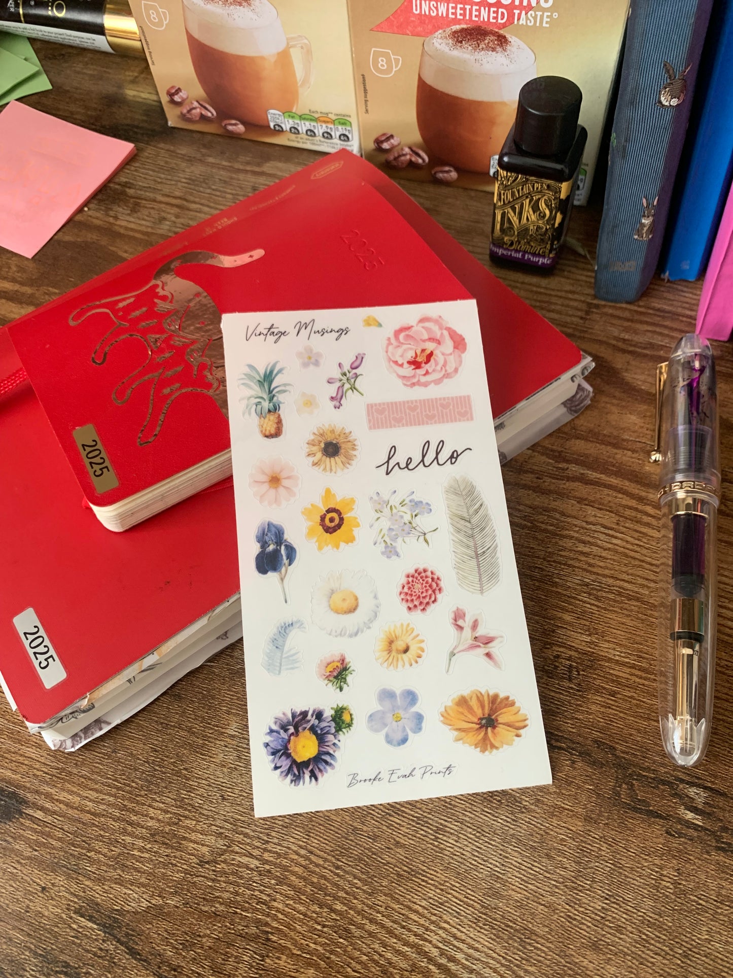 Bullet Journal Clear Floral Stickers - Hand drawn Pineapple & Flowers- Vintage Musings