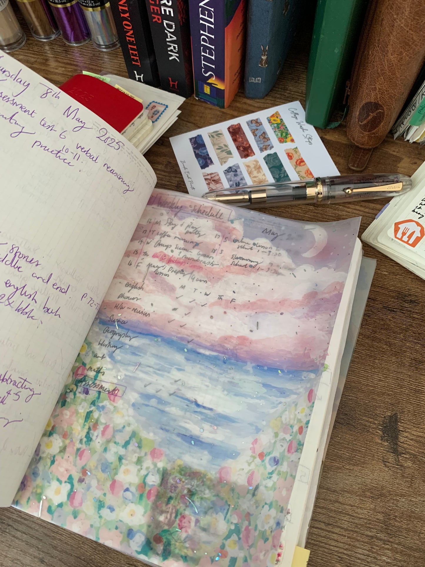 Purple Pastel Sky, Flowers, Pink Clouds, Moon Painting • Hand drawn • Printed Foiled Vellum Planner Dashboard- Night Sky ✨