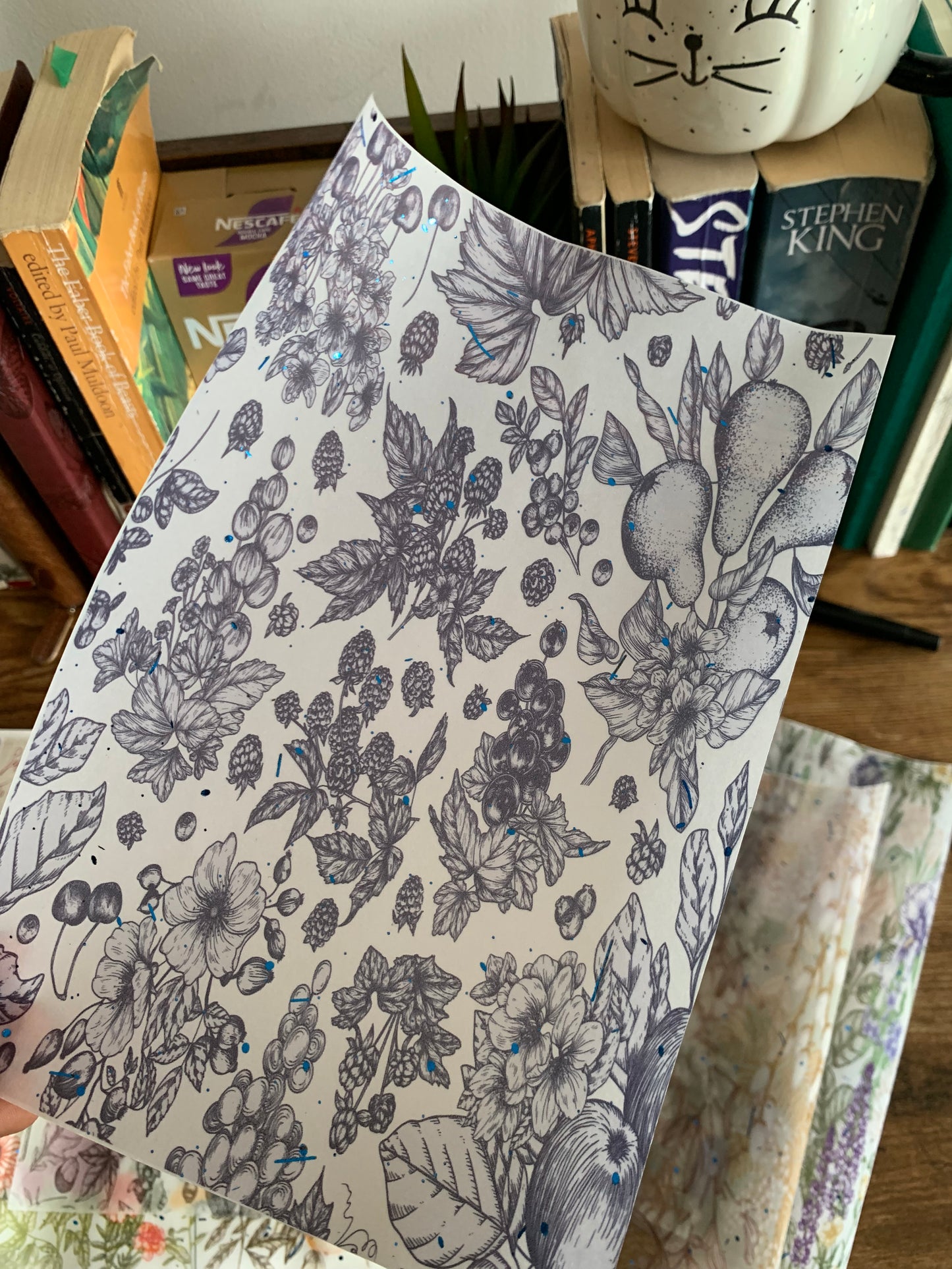 Purple Hand Drawn Floral Scrapbooking paper- Vellum Planner Dashboard - blue Foil - Autumn Garden