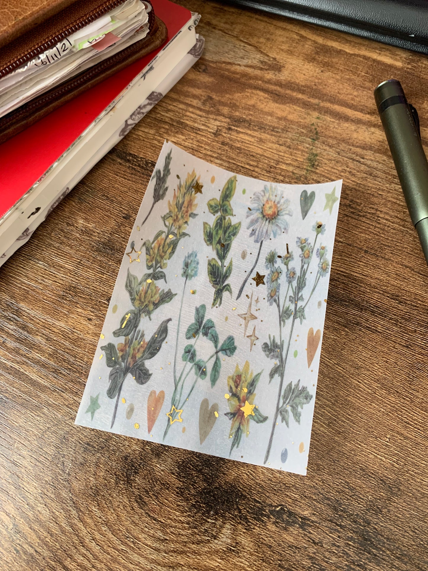 Dark Green Flowers & Hearts Vintage Inspired Watercolour - Vellum Planner Dashboard - Gold Foil Star accents - Nostalgia